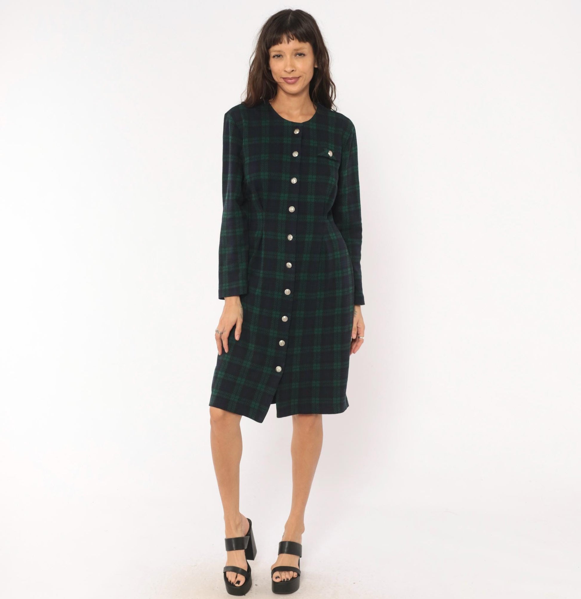 90s Miss Dorby Tartan Plaid Button-Front Shirtdress Navy Teal Cotton Large L