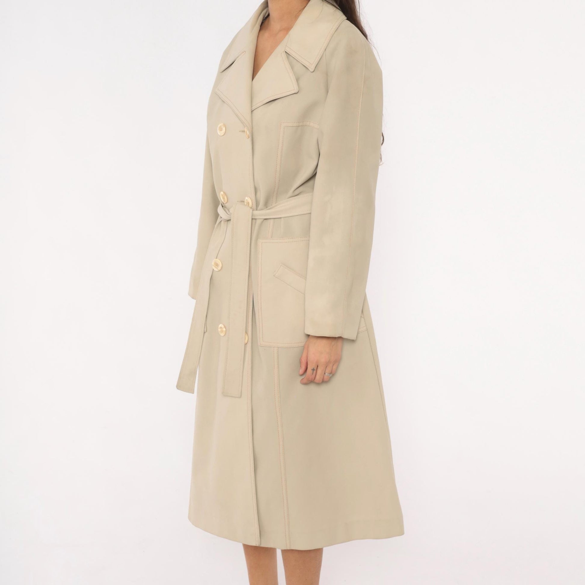 80s Double Breasted Trench Coat Beige Mid-Calf Belted Jacket Medium