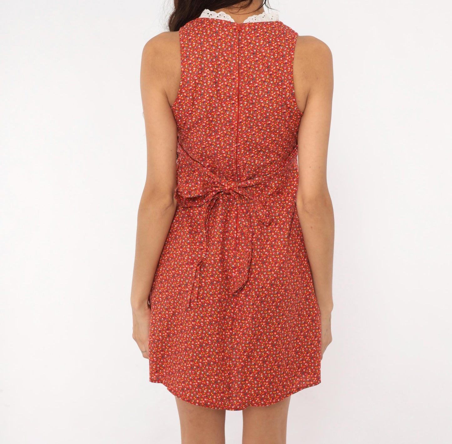 70s Red Ditsy Floral Mini Dress Cotton Eyelet Lace Smocked Small