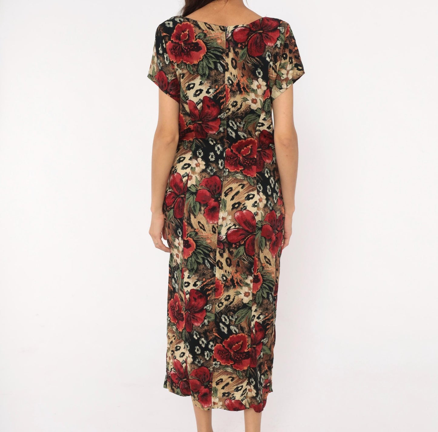 90s Lew Magram Floral Leopard Midi Dress Red Hibiscus Animal Print Large L
