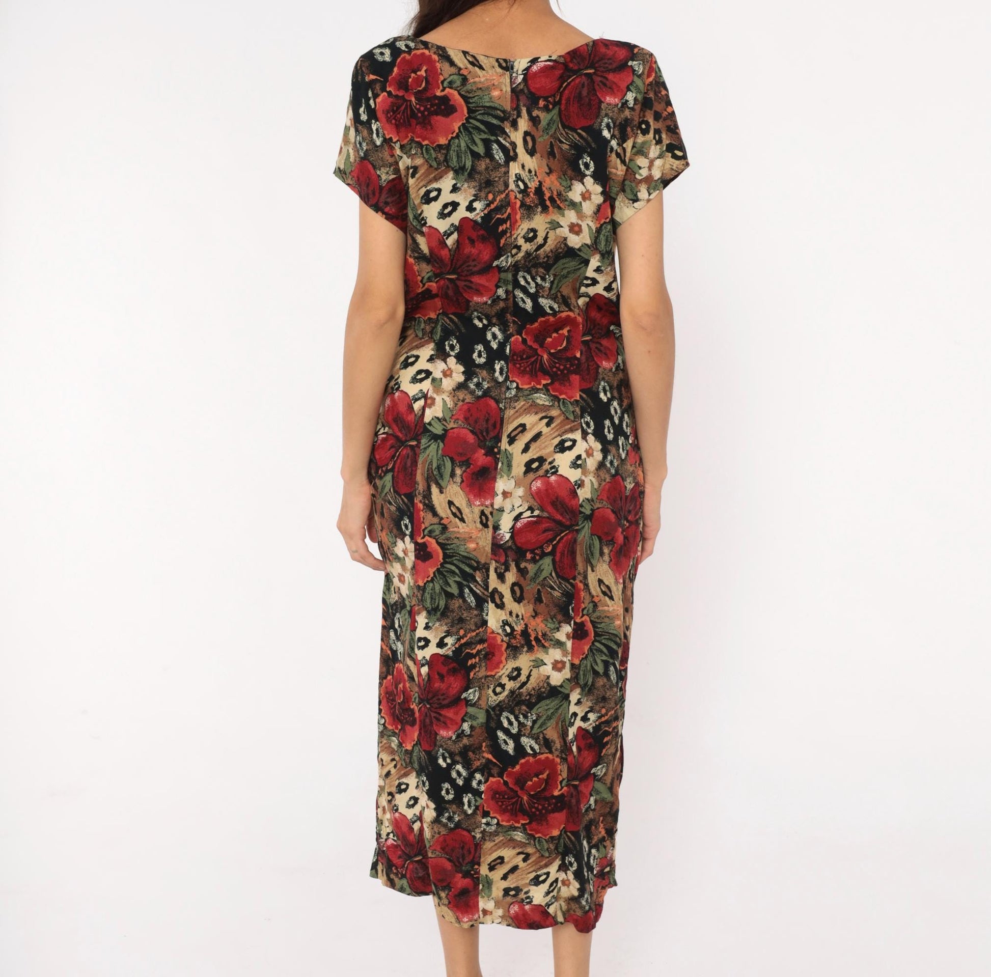 90s Lew Magram Floral Leopard Midi Dress Red Hibiscus Animal Print Large L