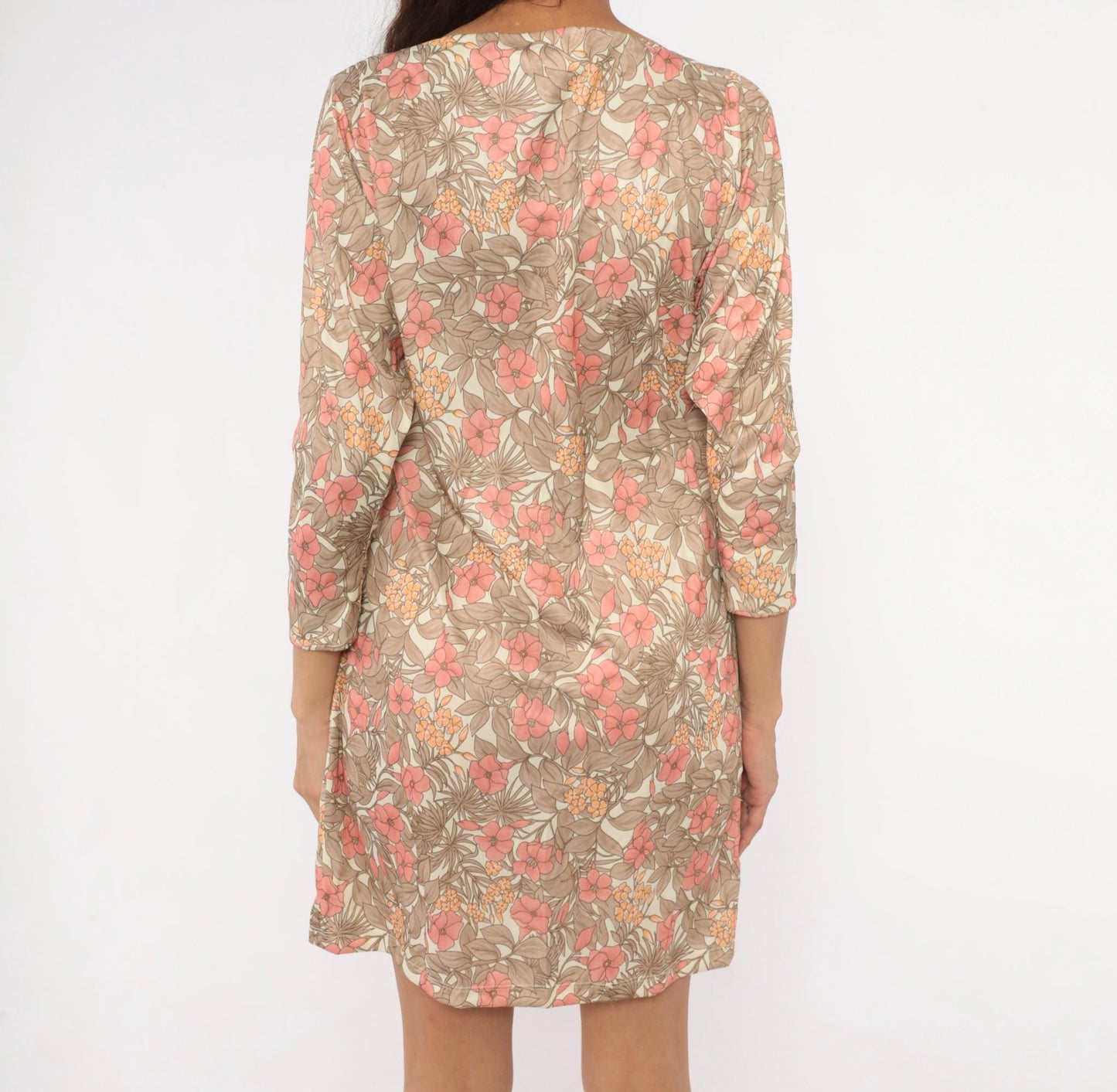 70s Tropical Floral Shift Dress Cream Pink Coral Three-Quarter Sleeve Extra Small XS