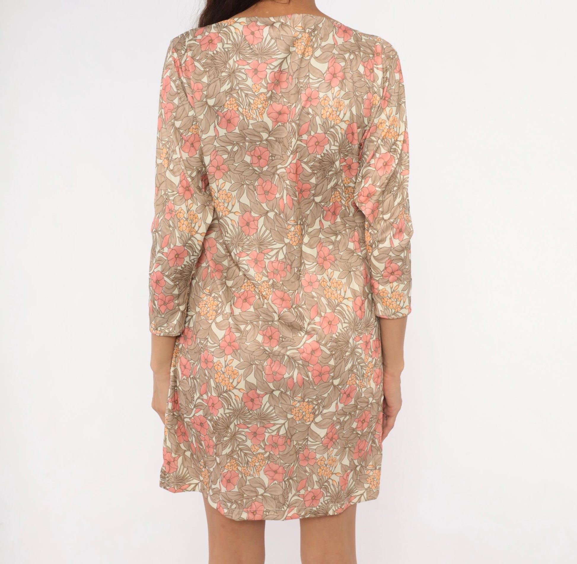 70s Tropical Floral Shift Dress Cream Pink Coral Three-Quarter Sleeve Extra Small XS