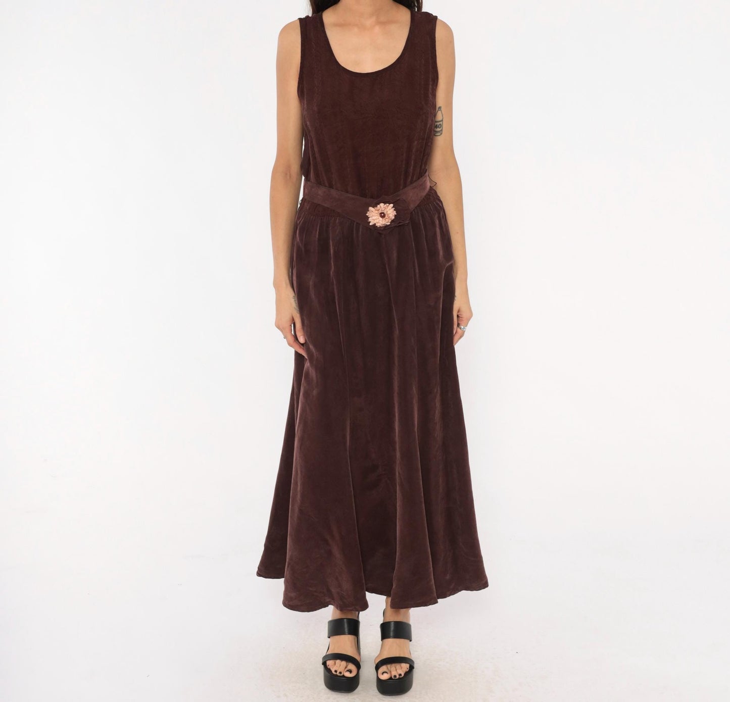90s Plum Velvet Maxi Dress Sleeveless Scoop Neck Floral Belt Small Medium