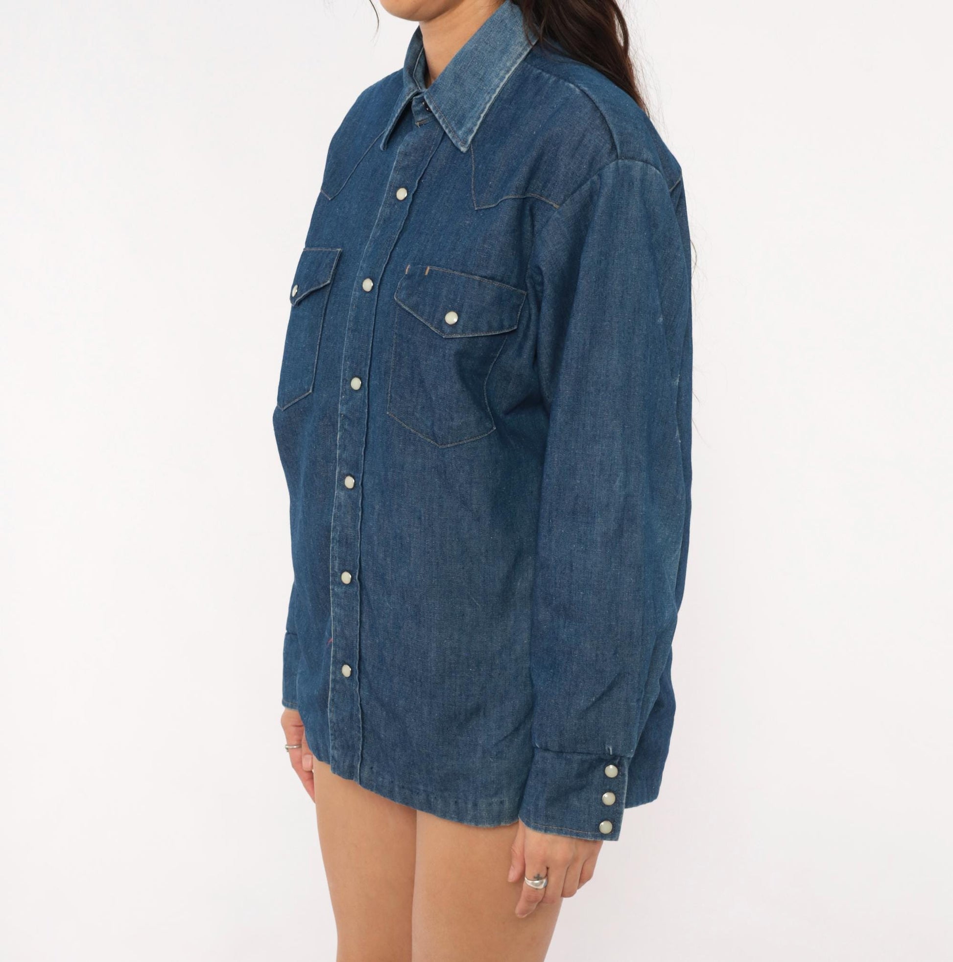 80s JC Penney Western Denim Shirt Cobalt Blue Pearl Snap Yoke Medium