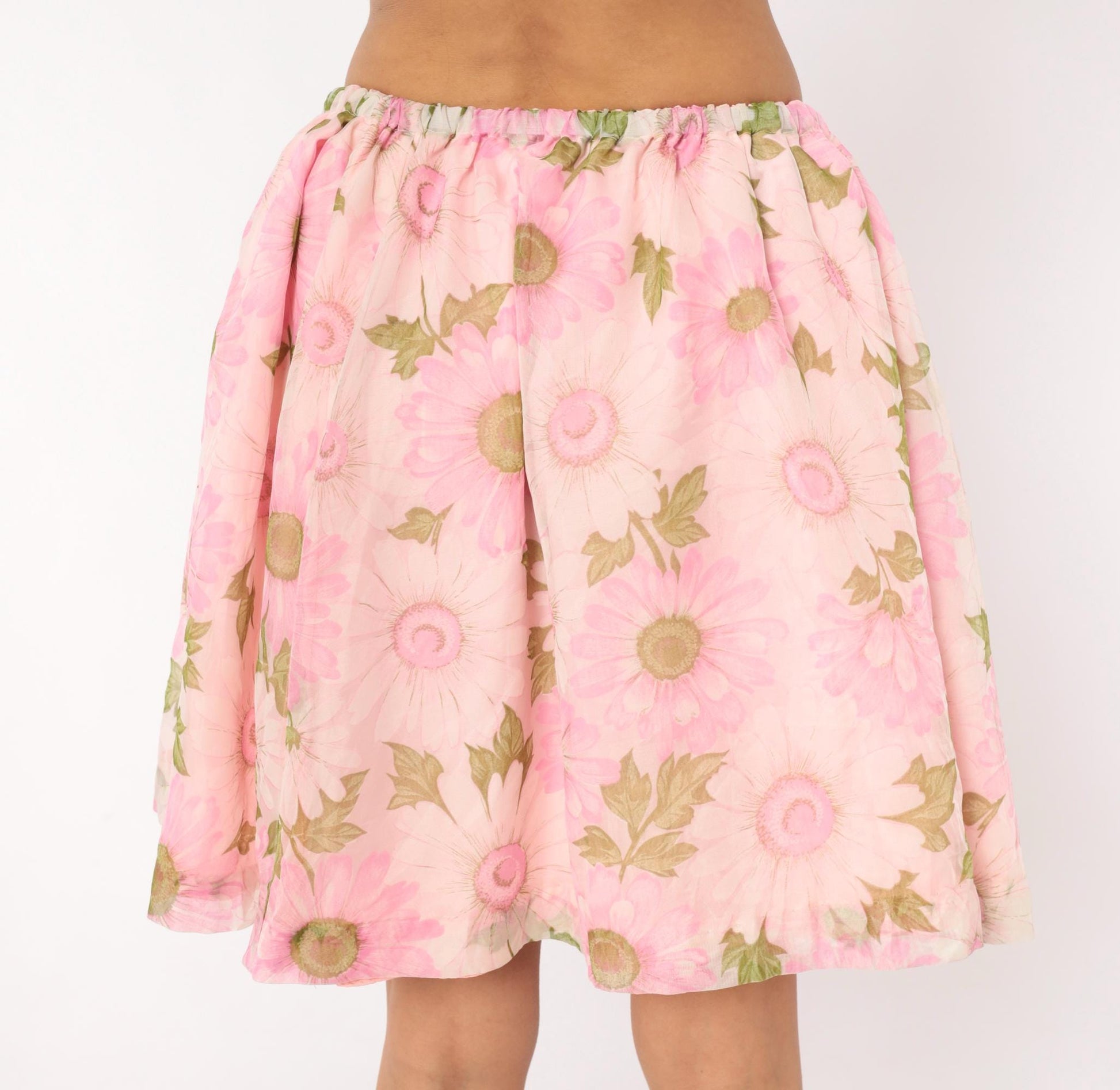 70s Pink Daisy Floral Skirt Gathered Waist A-Line Knee Length Medium Large