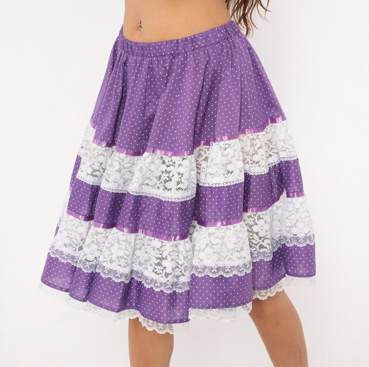 80s Purple Polka Dot Tiered Skirt Carefree Fashions Lace Trim Cotton Medium