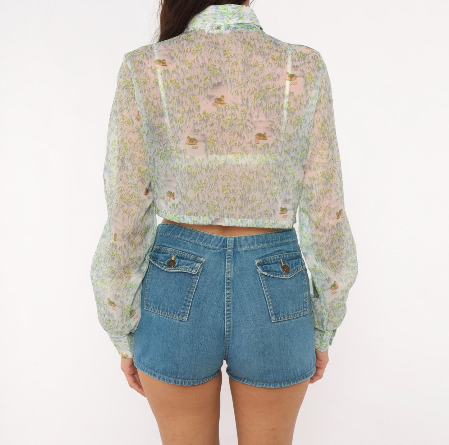 70s Tall Shop Cropped Sheer Blouse Pastoral Landscape Print Green Blue Small Medium