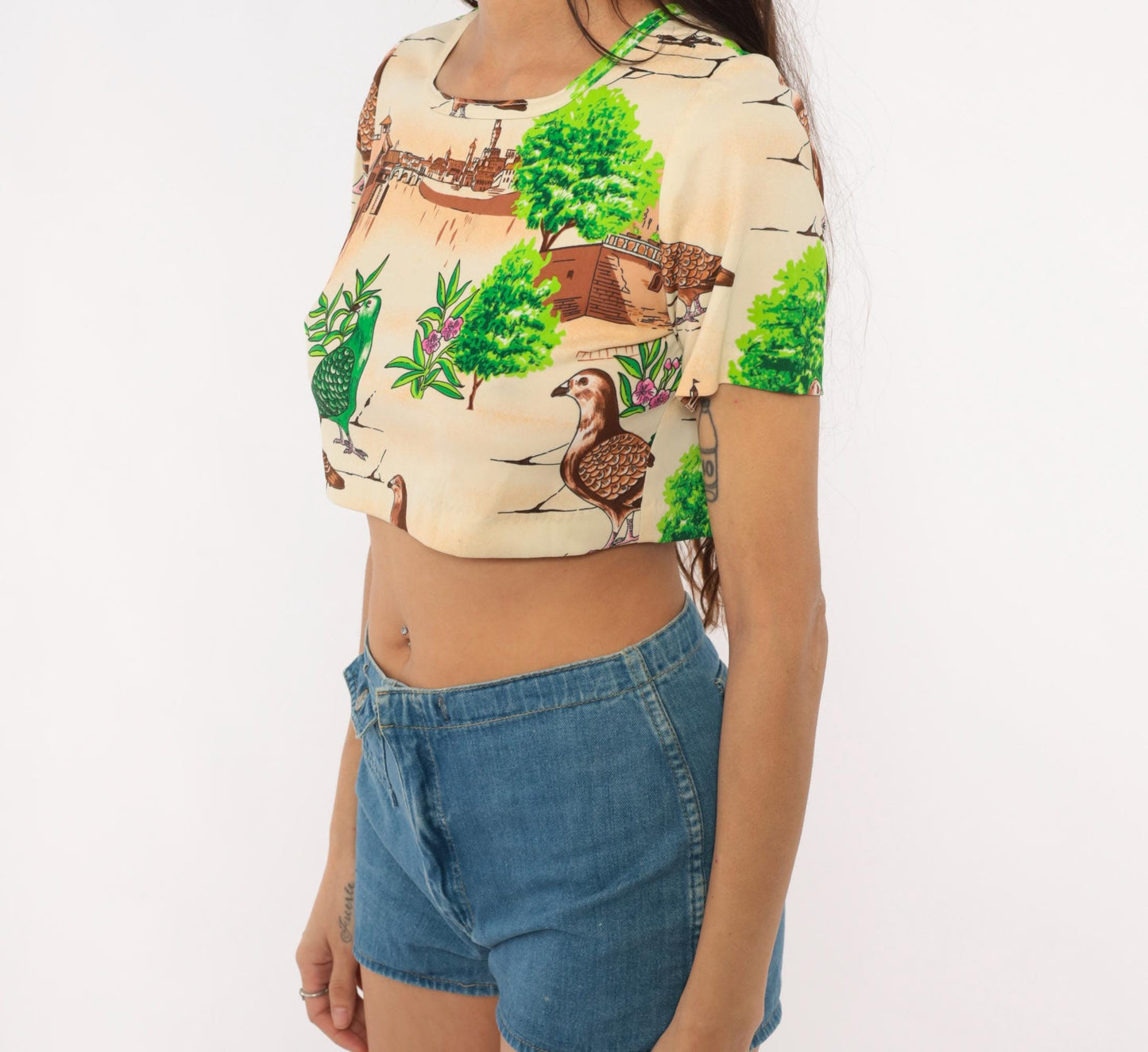 70s Pigeon Crop Top Novelty Bird Print Scoop Neck Fitted Small