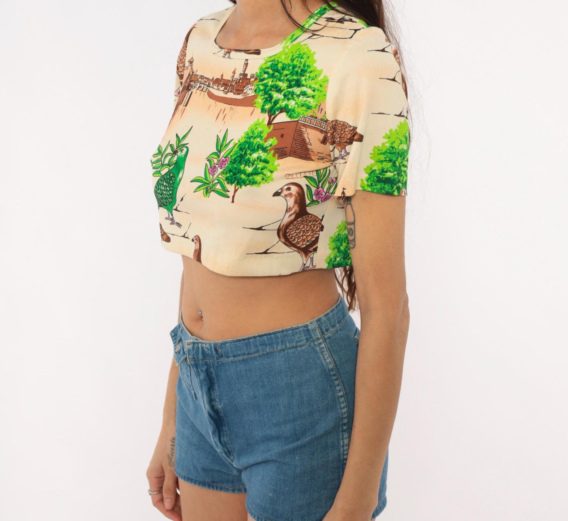 70s Pigeon Crop Top Novelty Bird Print Scoop Neck Fitted Small