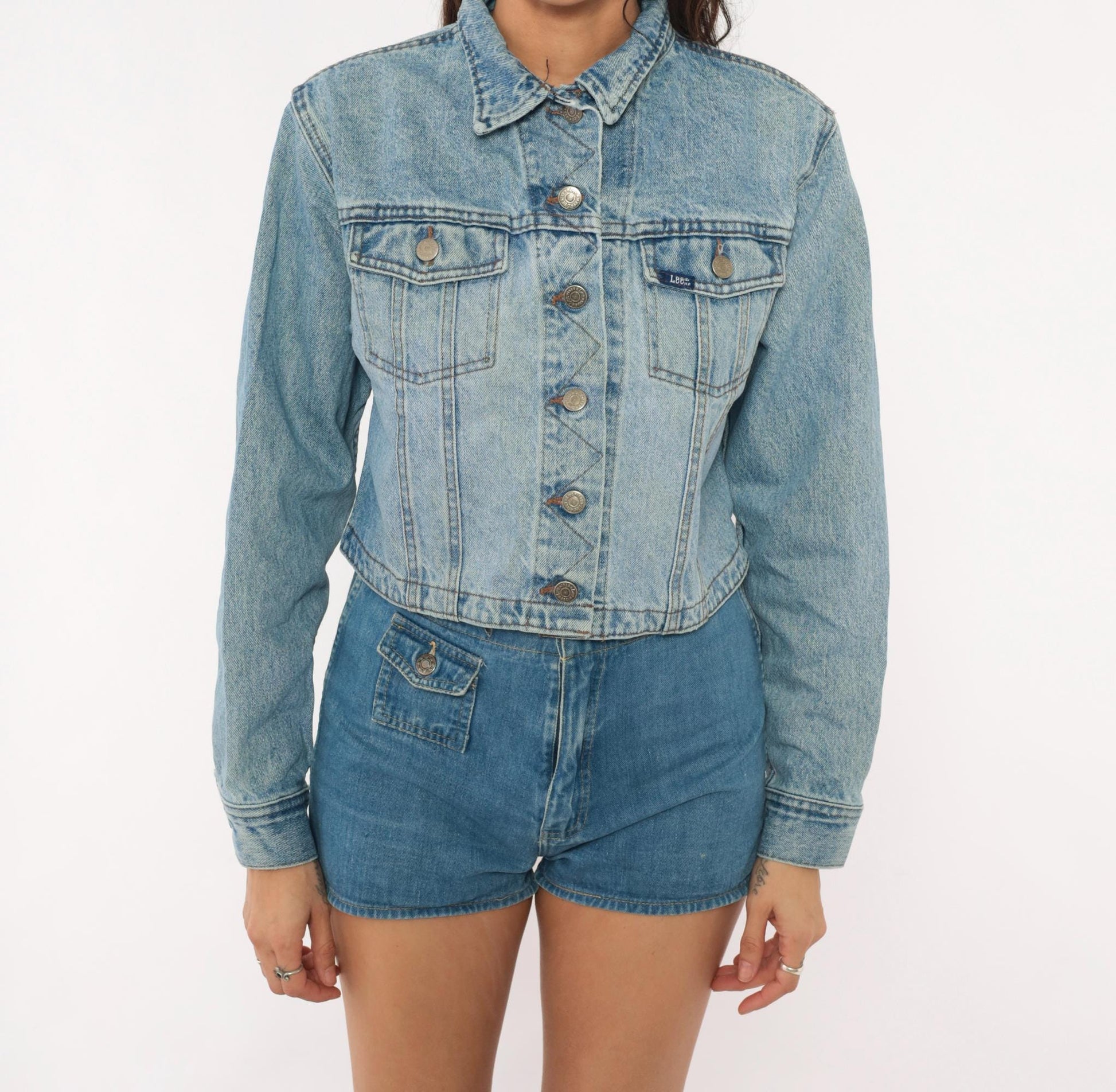90s Lee Cropped Denim Jacket Light Wash Blue Cotton Trucker Small S