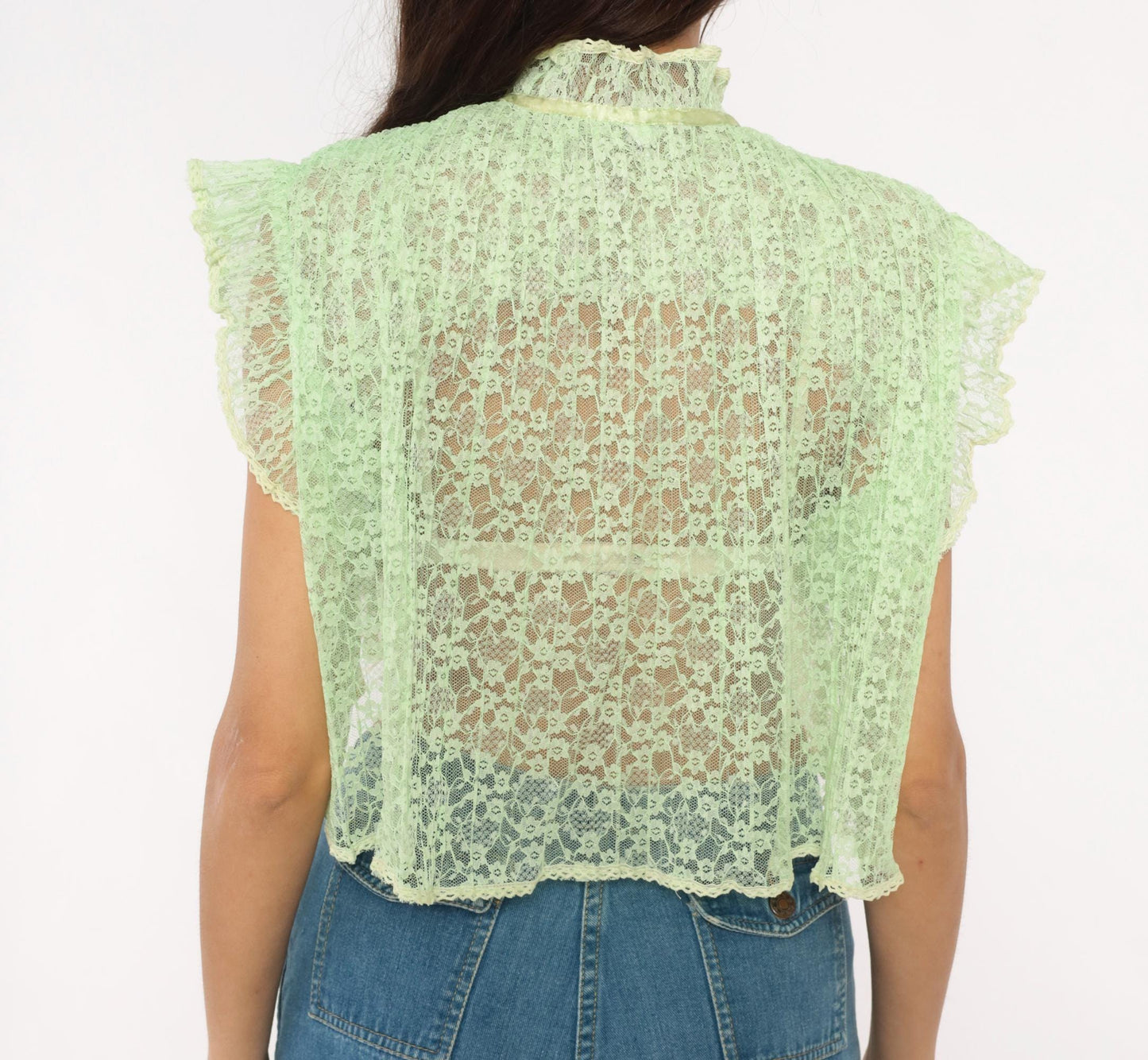 70s Mint Green Lace Crop Top Floral Sheer Ruffle Collar Small