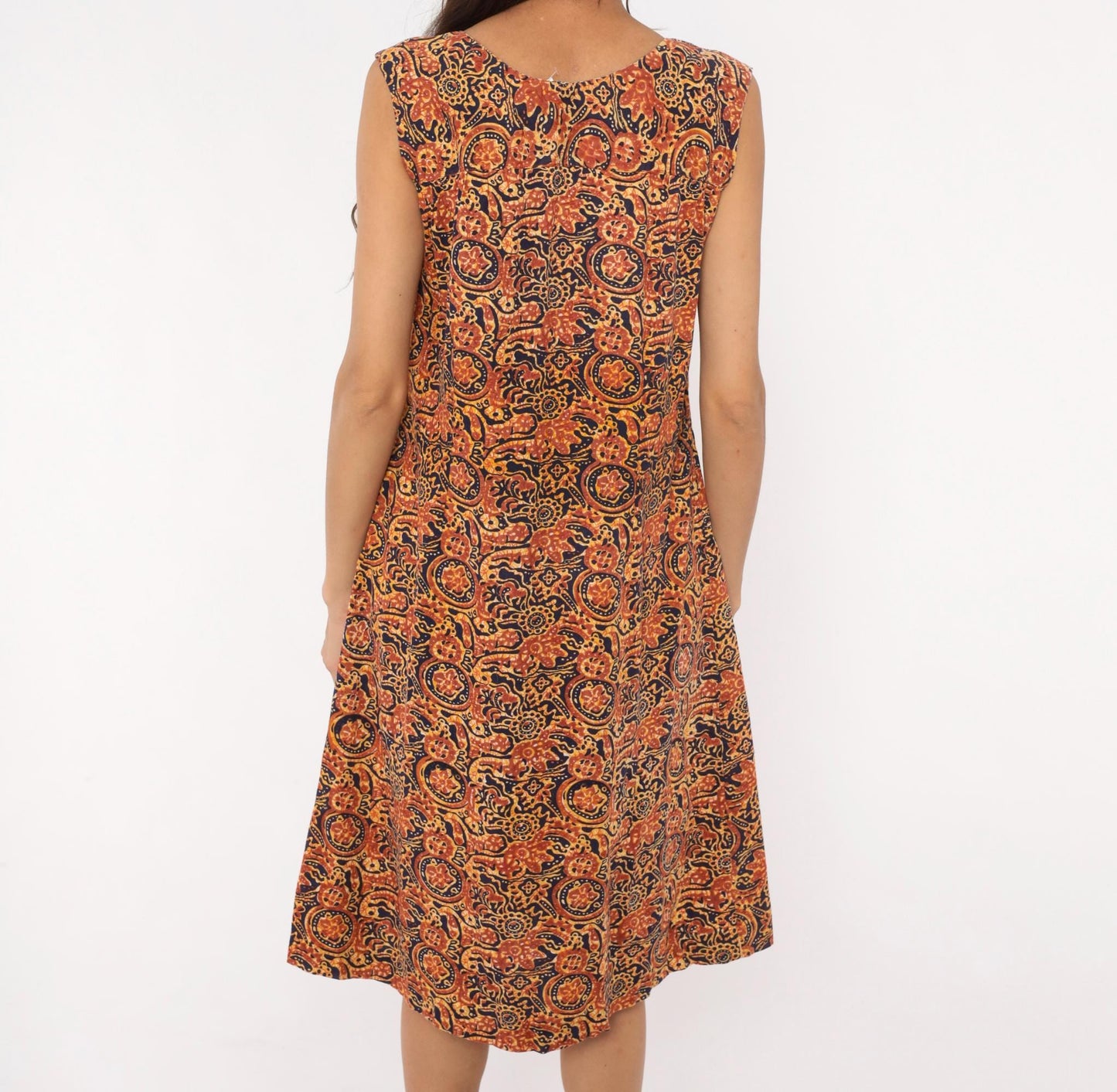 70s Batik Sundress Navy Rust Brown Paisley Floral Cotton V-Neck Medium M