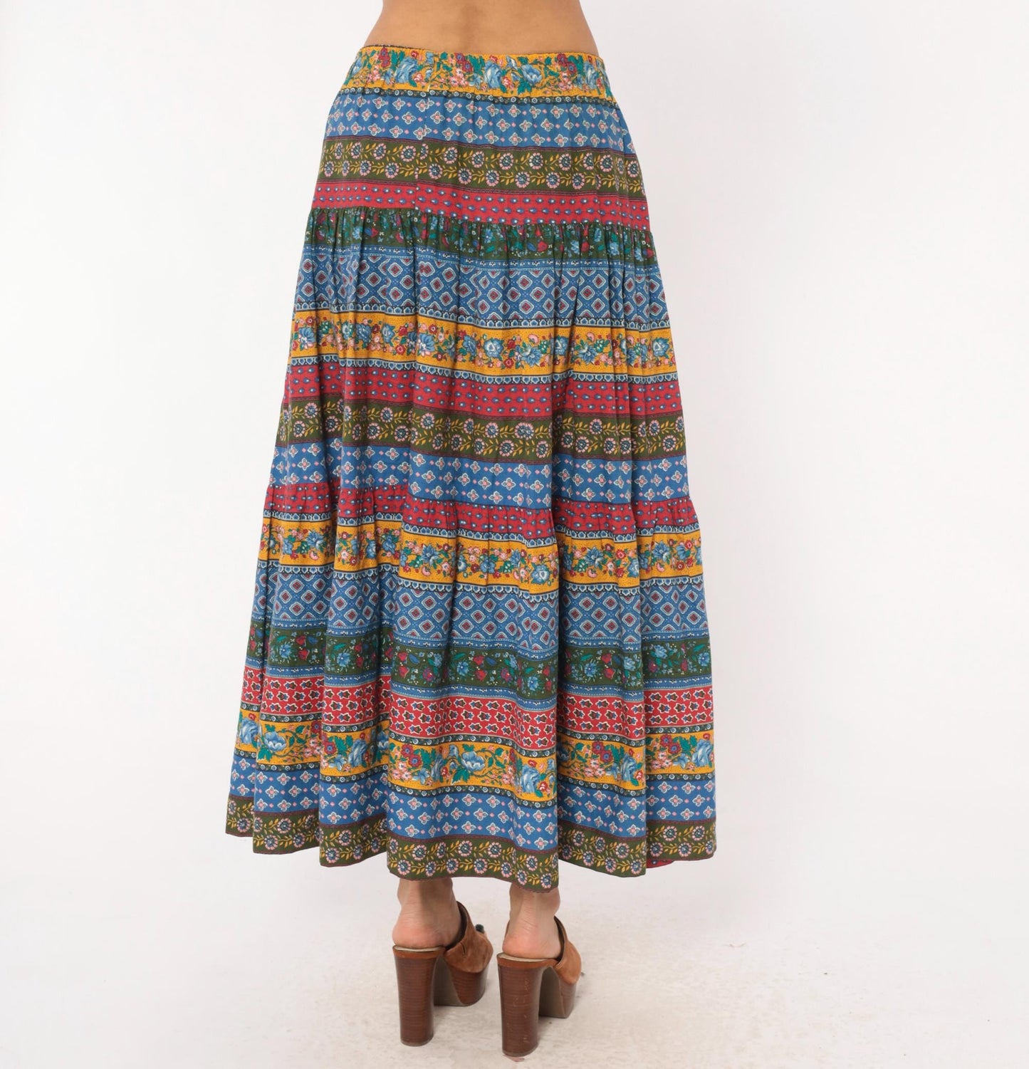 80s Anne Marie Patchwork Tiered Maxi Skirt Floral Striped Cotton Medium M