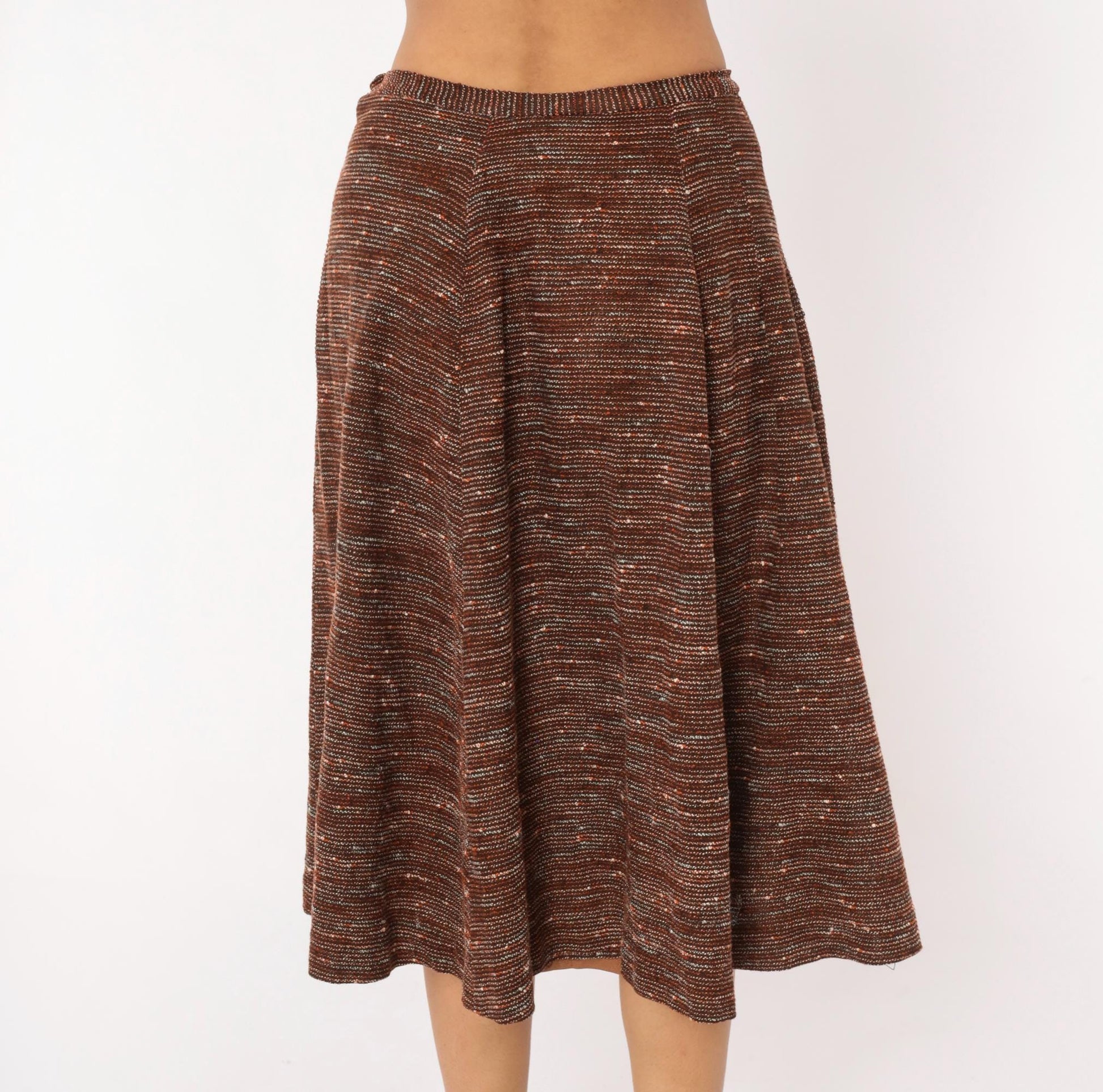 70s Brown Tweed Knit A-Line Midi Skirt Speckled Earth Tone Small
