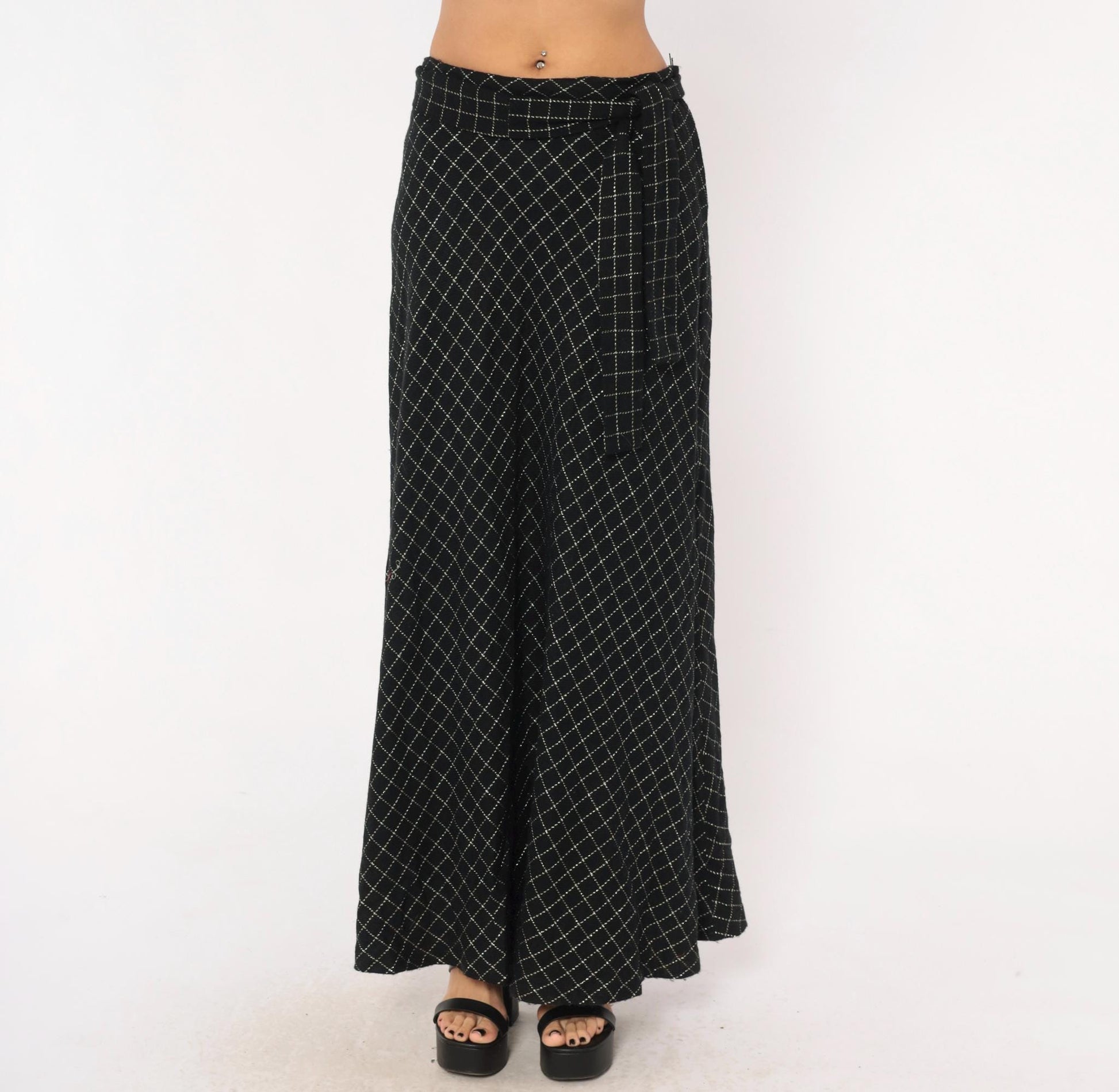 70s Signature Black Maxi Skirt Diamond Quilted Silver Metallic Medium M