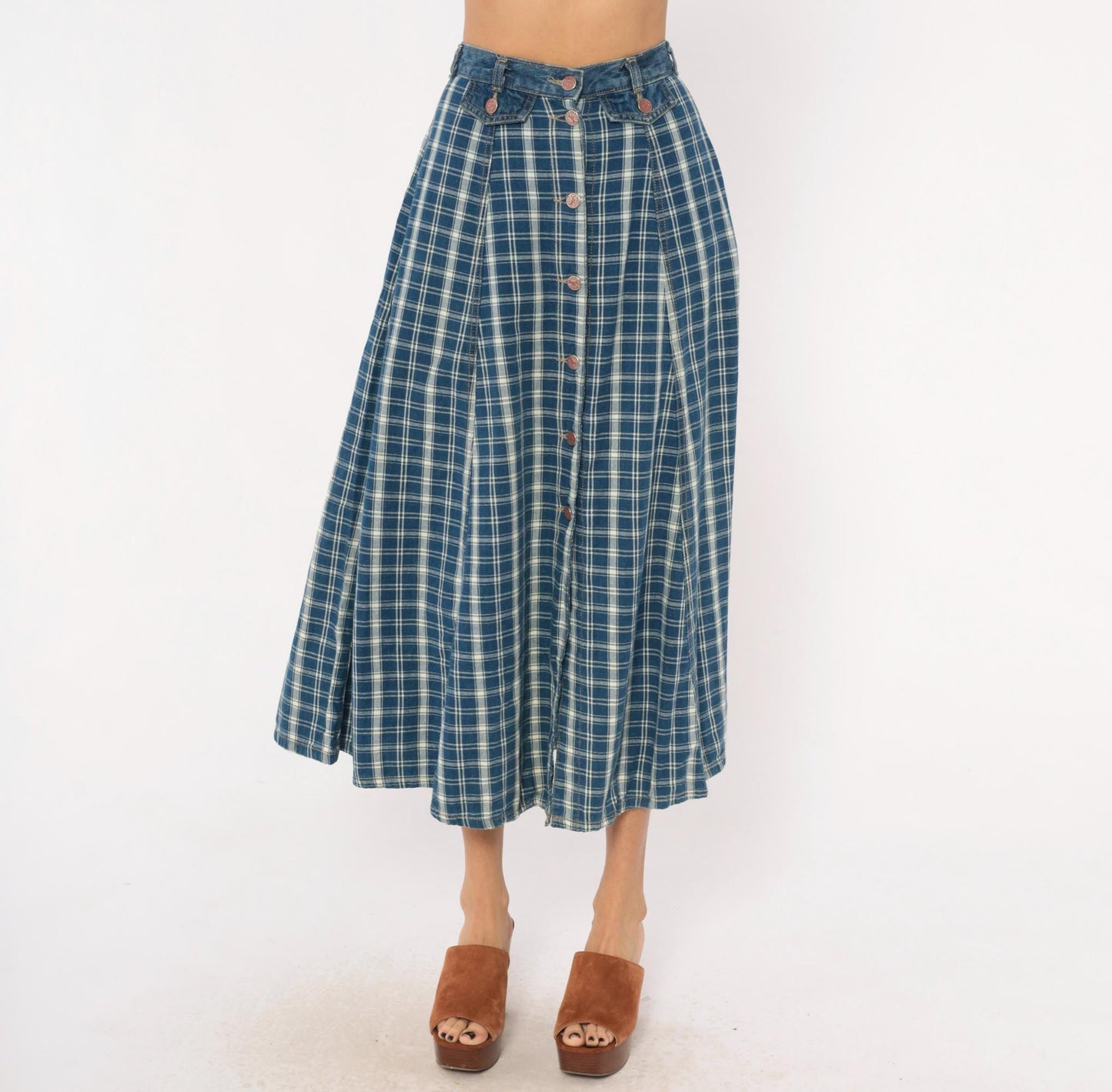 90s Outlaw Blue Plaid Cotton Midi Skirt Button Front XS