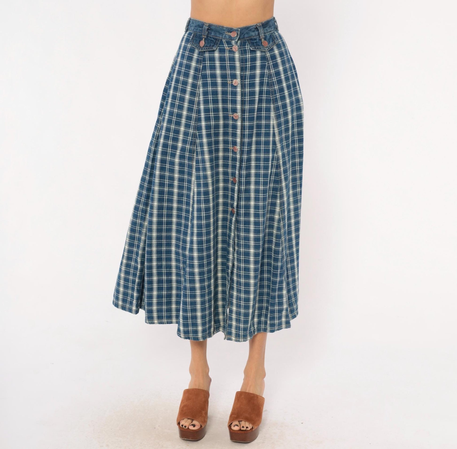 90s Outlaw Blue Plaid Cotton Midi Skirt Button Front XS