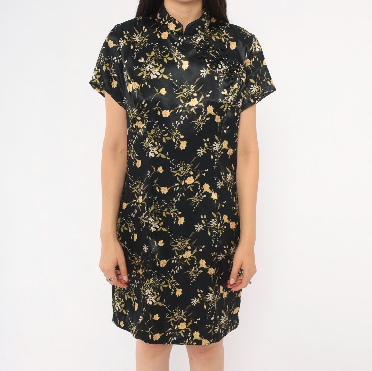 90s Dby Cheongsam Dress Black Gold Floral Brocade Mandarin Collar Mini Medium M