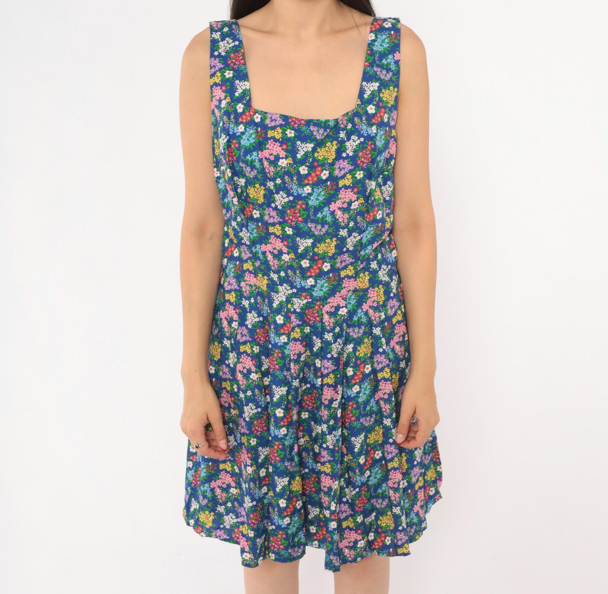 90s Liz Claiborne Floral Sundress Blue Pink Garden Print Mini Medium M