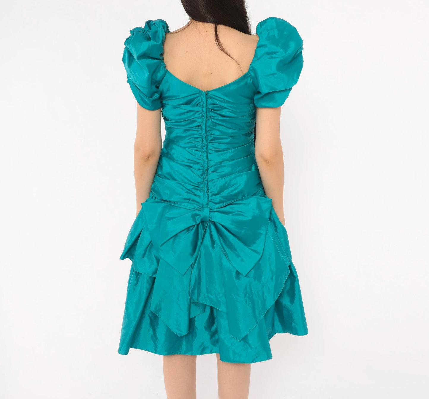 80s Teal Prom Dress Puff Sleeve Sweetheart Neckline Tiered Ruffle Skirt Small S