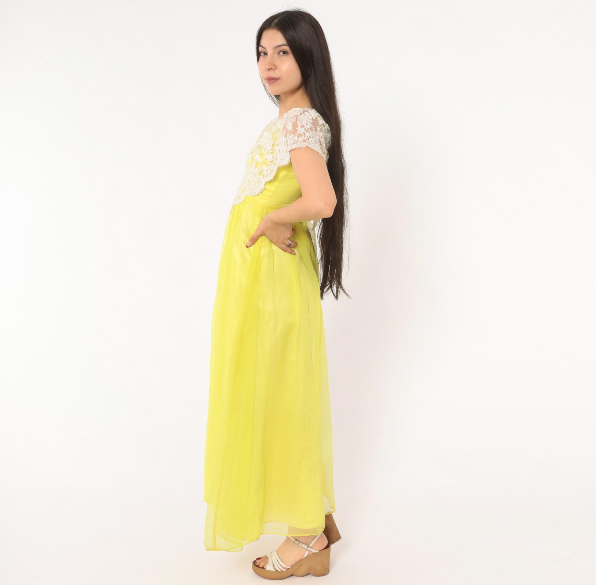 70s Yellow Chiffon Maxi Dress White Lace Overlay Empire Waist V Neck Extra Small XS