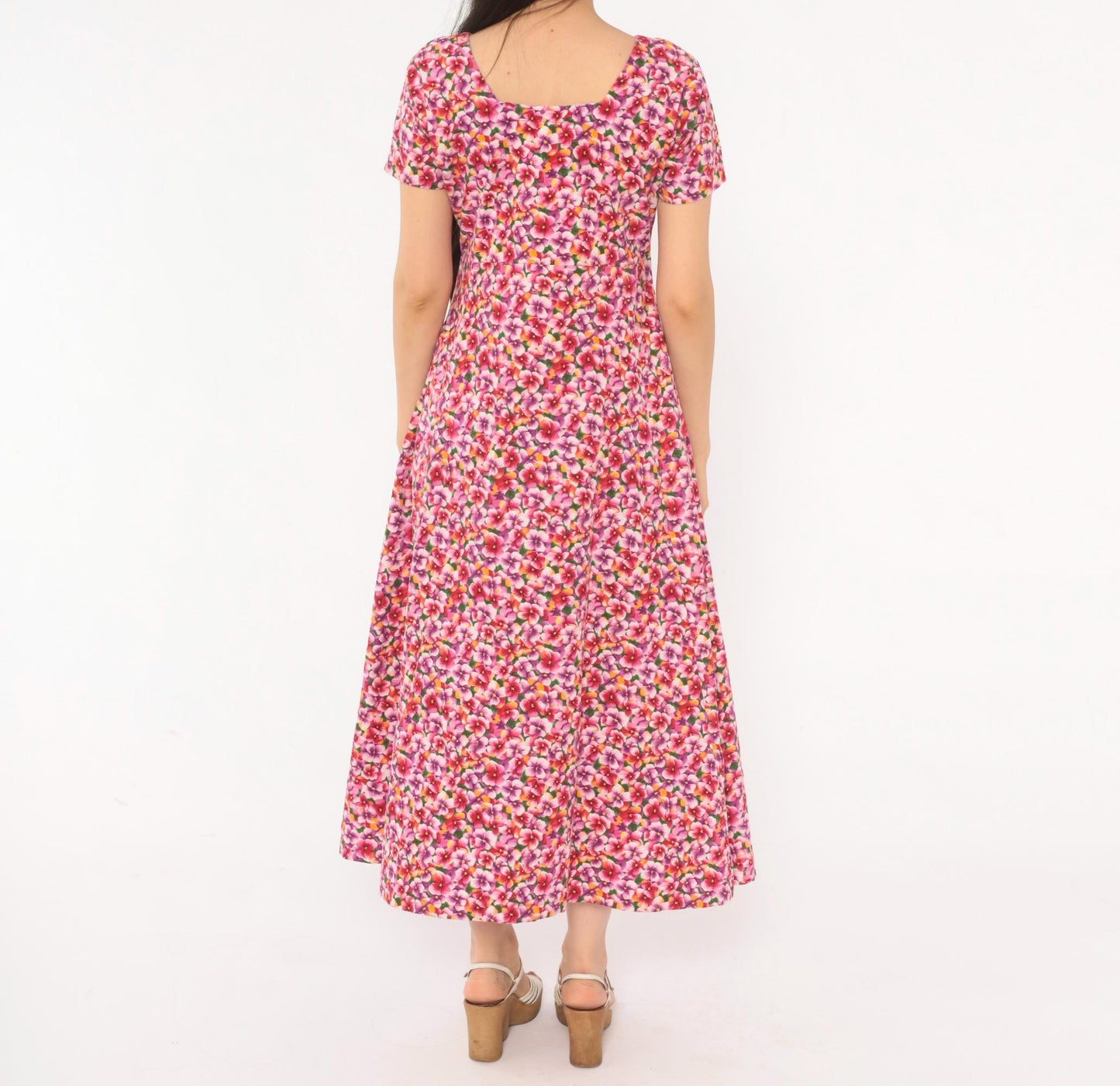 90s Pink Purple Floral Maxi Dress Cotton Scoop Neck A-Line Small