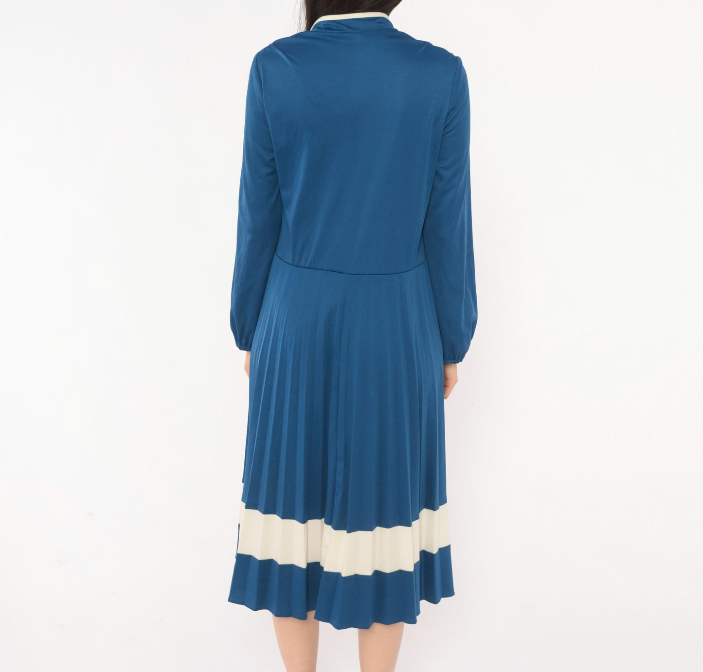 70s Navy Blue Pleated Dress Stand Collar Button Front Balloon Sleeve Large L