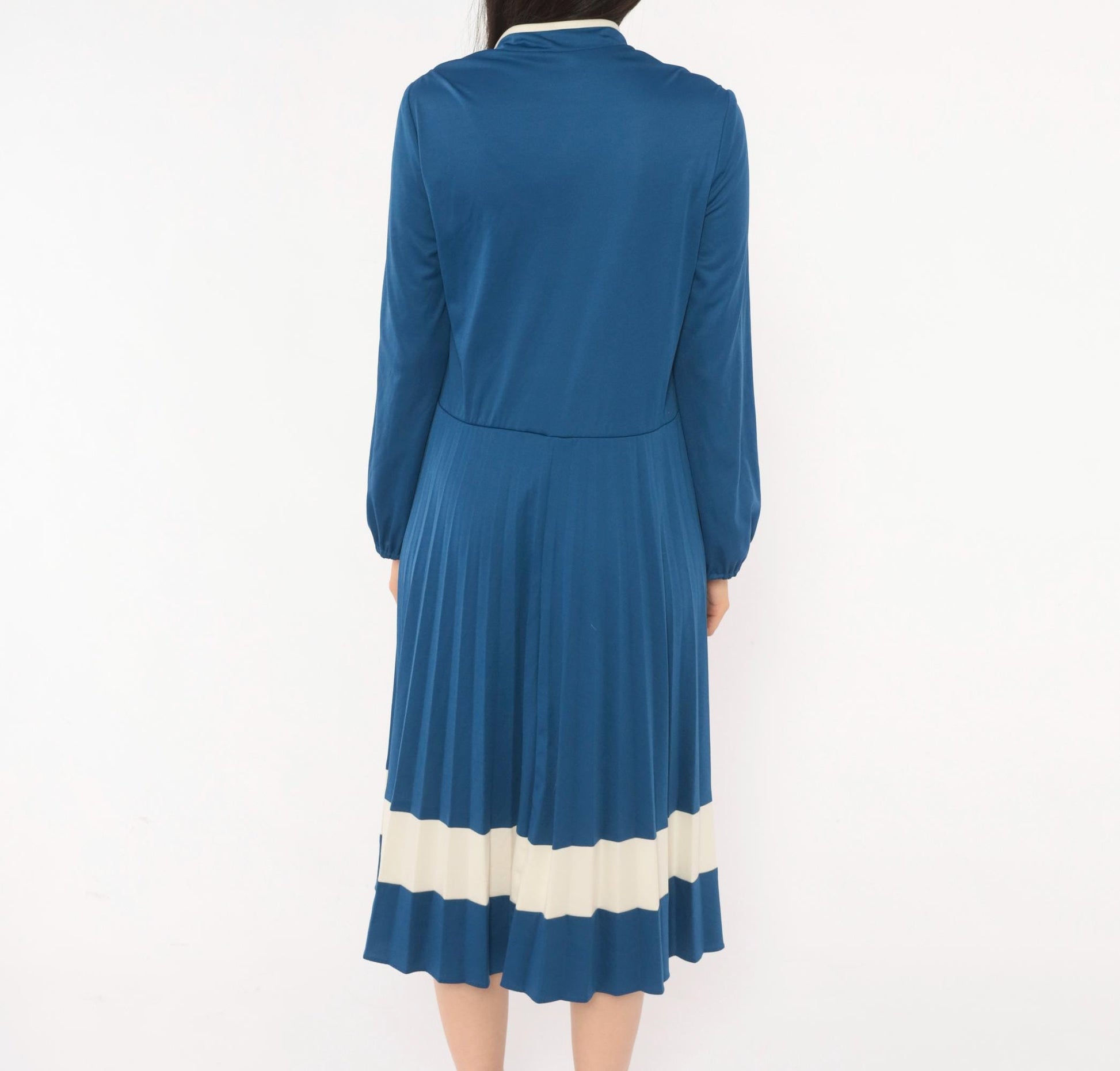 70s Navy Blue Pleated Dress Stand Collar Button Front Balloon Sleeve Large L