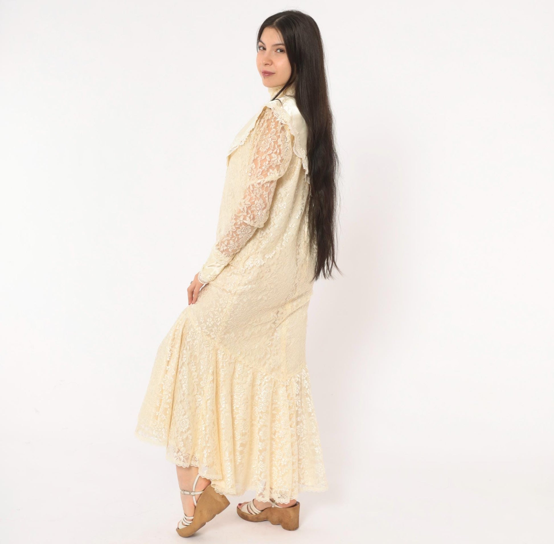 80s Jessica Mclintock Cream Lace Mermaid Wedding Dress High Neck Satin Bib Medium M