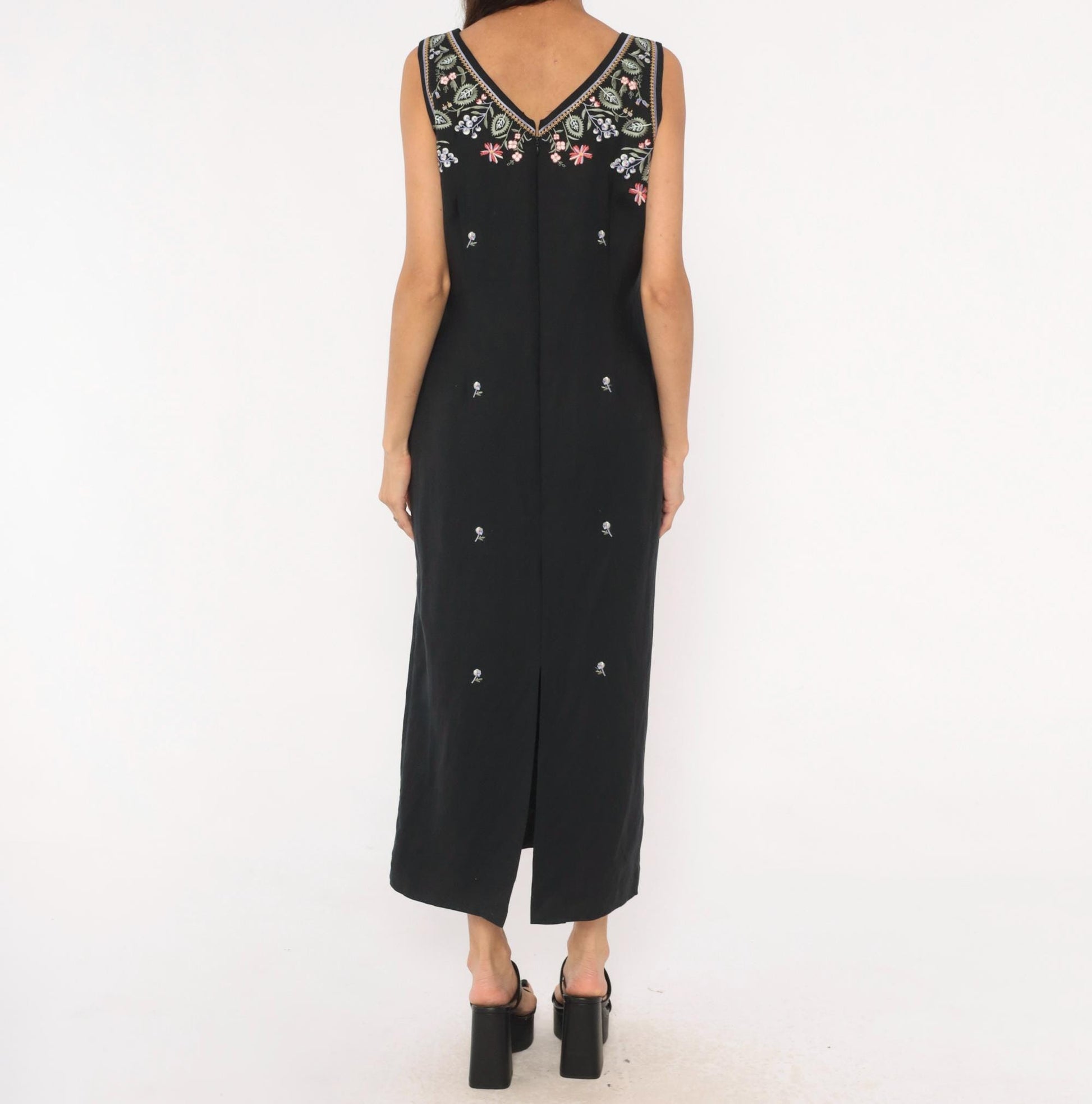 90s Jennifer Eden Black Embroidered Floral Maxi Dress V-Back Slit Medium M