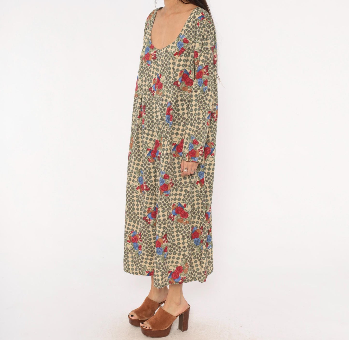 90s Floral Jumpsuit Cream Scoop Neck Long Sleeve Rose Medallion Print Large L