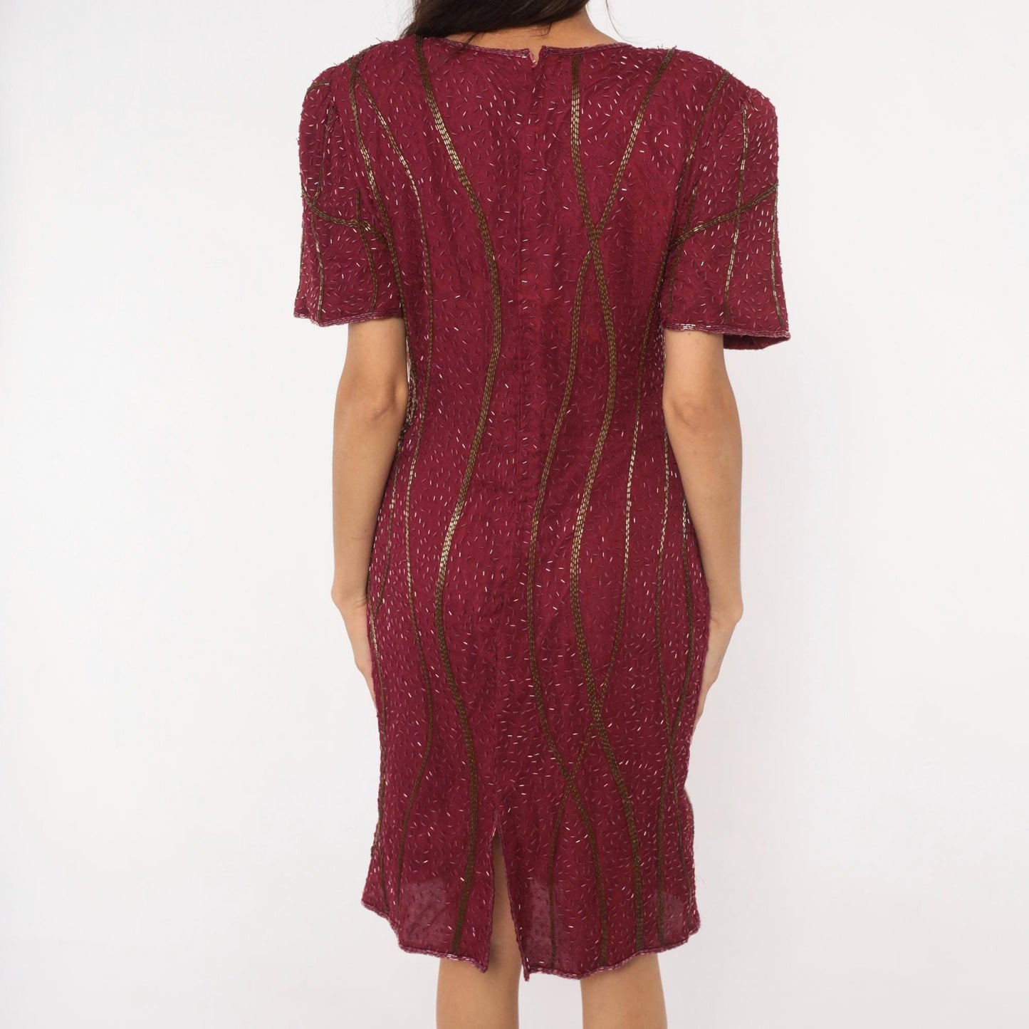 80s Sweelo Burgundy Beaded Dress Gold Bugle Bead Stripes Knee-Length Medium