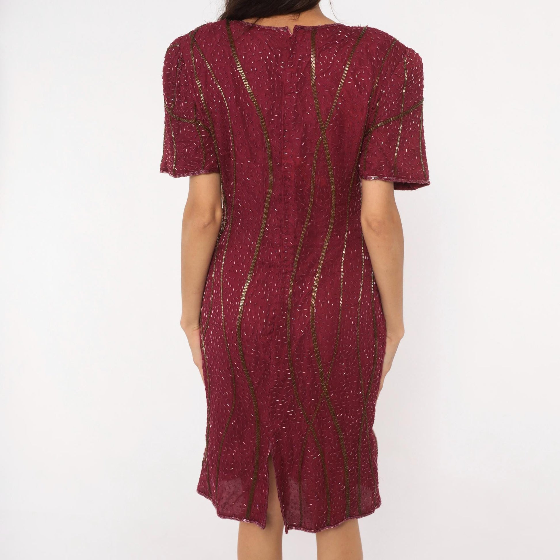 80s Sweelo Burgundy Beaded Dress Gold Bugle Bead Stripes Knee-Length Medium