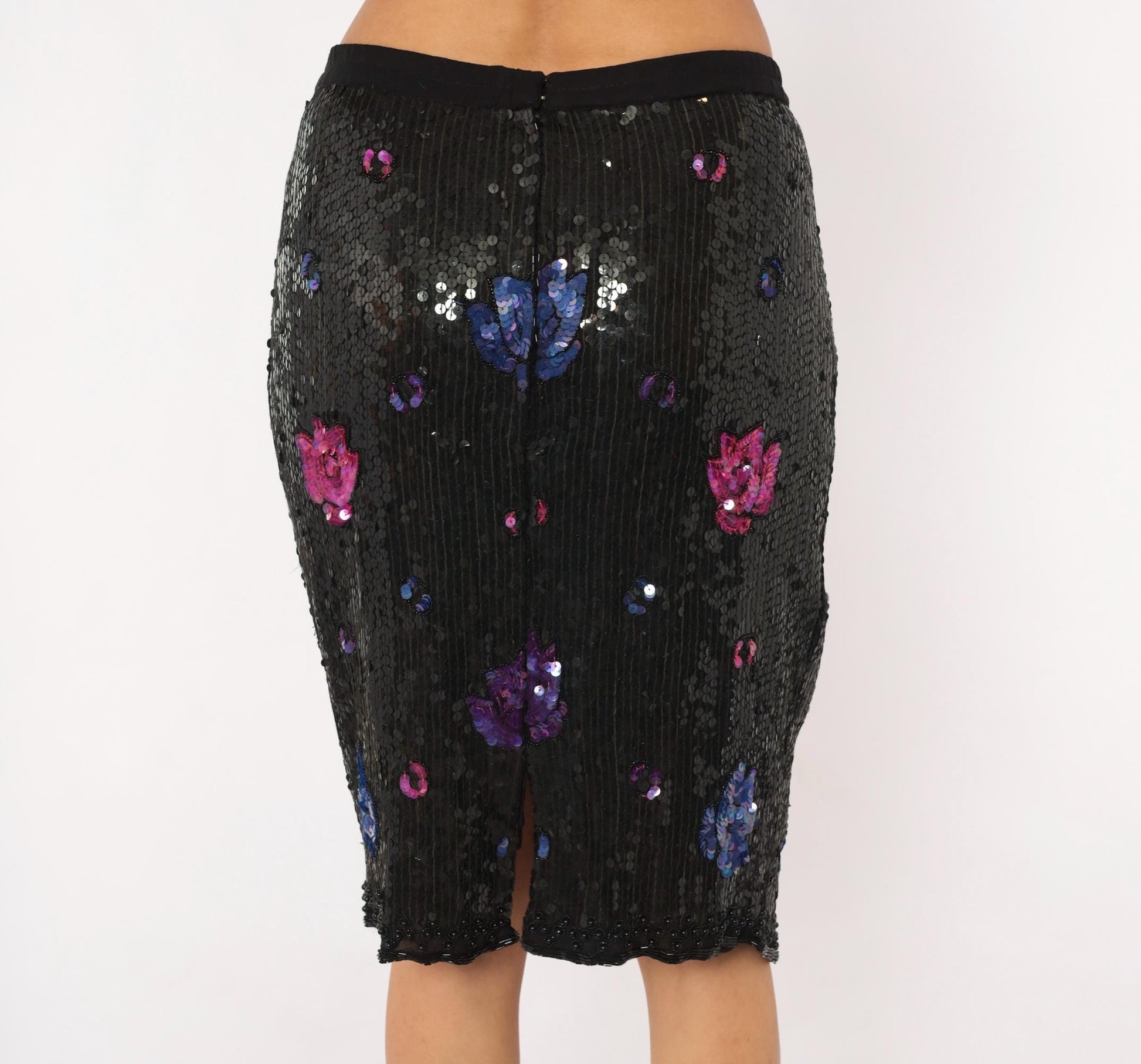 1980s Black Silk Sequin Pencil Skirt Floral Beaded Rose Medium M