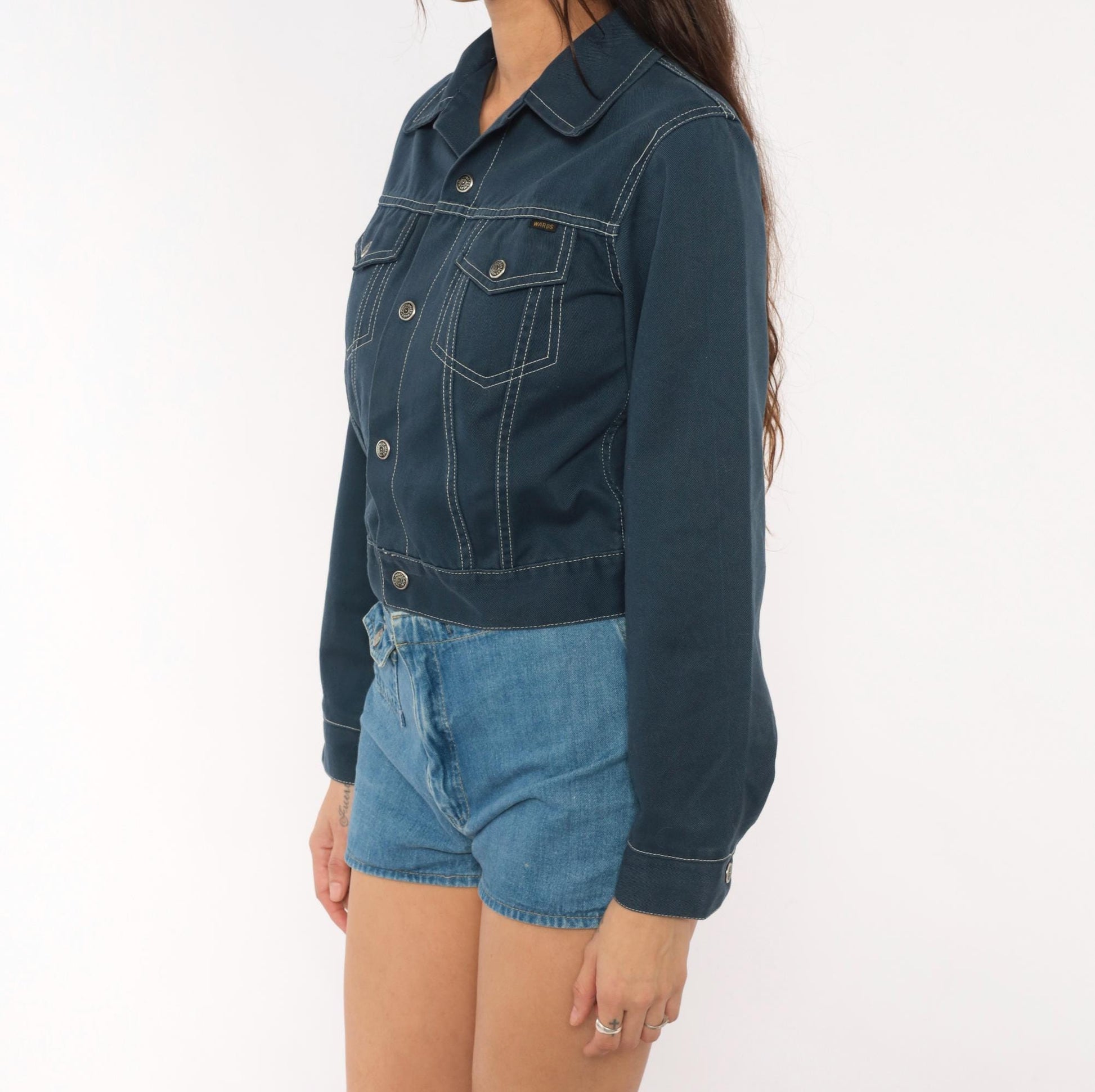 70s Montgomery Ward Cropped Trucker Jacket Navy Snap Front Pointed Collar XXS