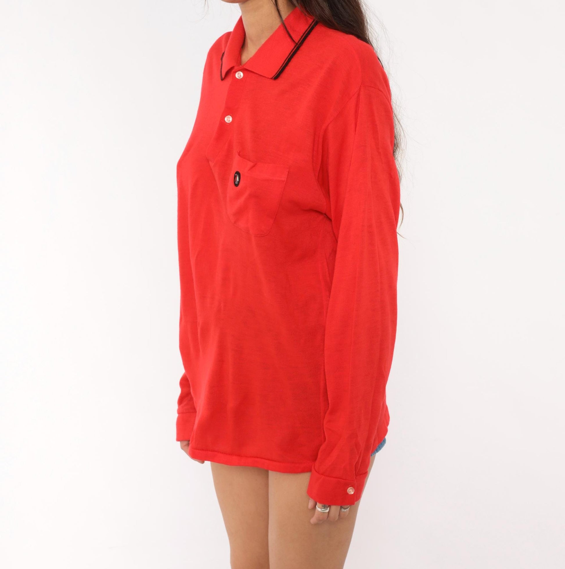 70s Red Polo Shirt Long Sleeve Black Tipped Collar Snap Button Knit Large L