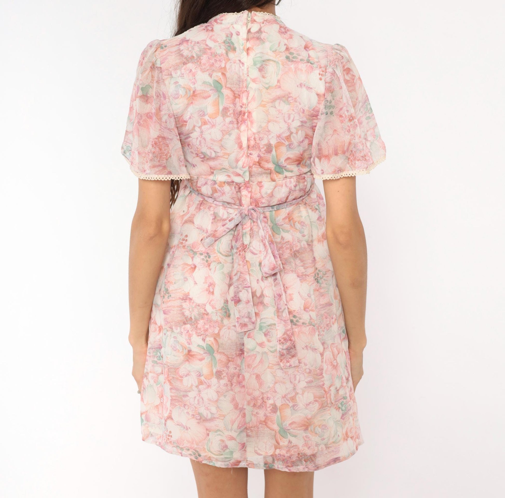 70s R.A.R. Pink Floral Mini Dress Puff Sleeve Crochet Bib Extra Small XS