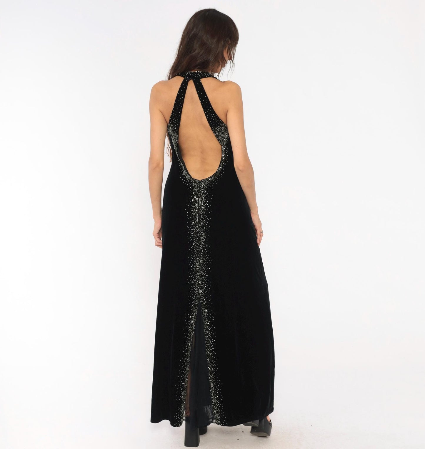 90s Dave & Johnny Black Velvet Halter Maxi Gown Rhinestone Open Back Large L