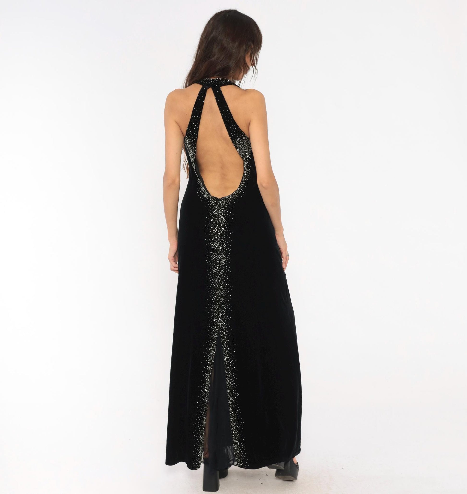 90s Dave & Johnny Black Velvet Halter Maxi Gown Rhinestone Open Back Large L