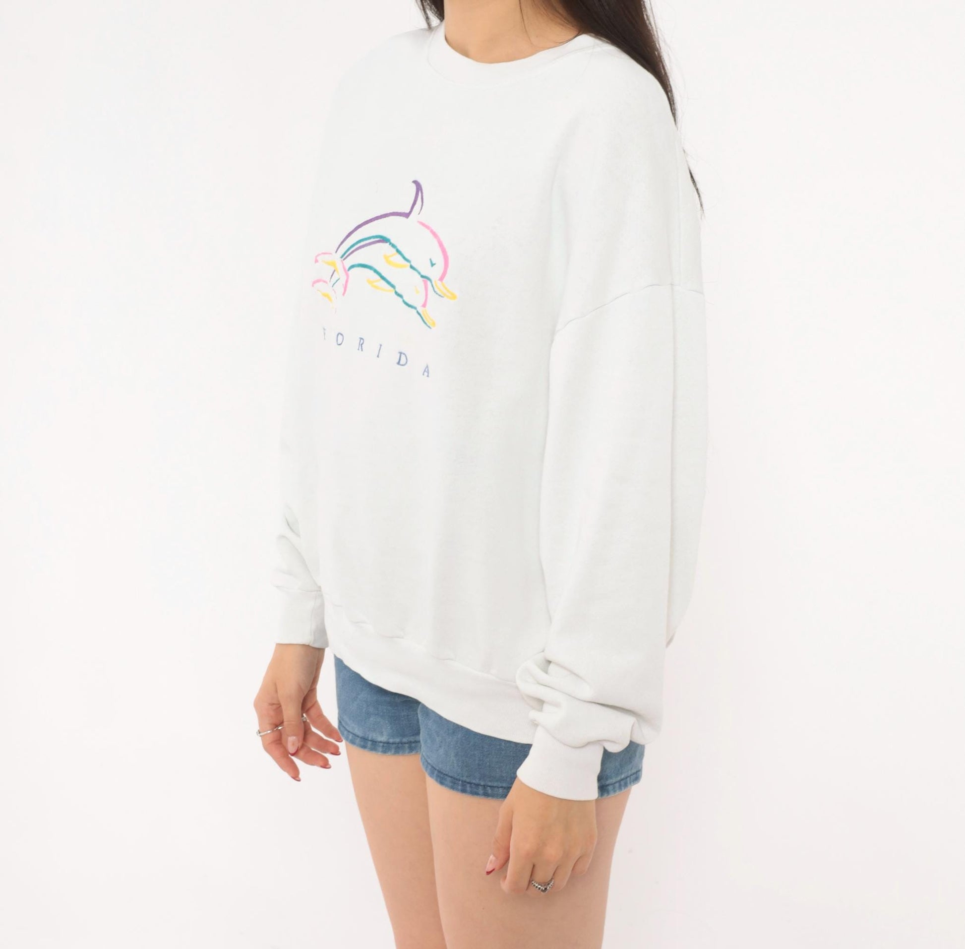 90s Florida Dolphin Graphic Sweatshirt White Crewneck Cotton Pullover Large L