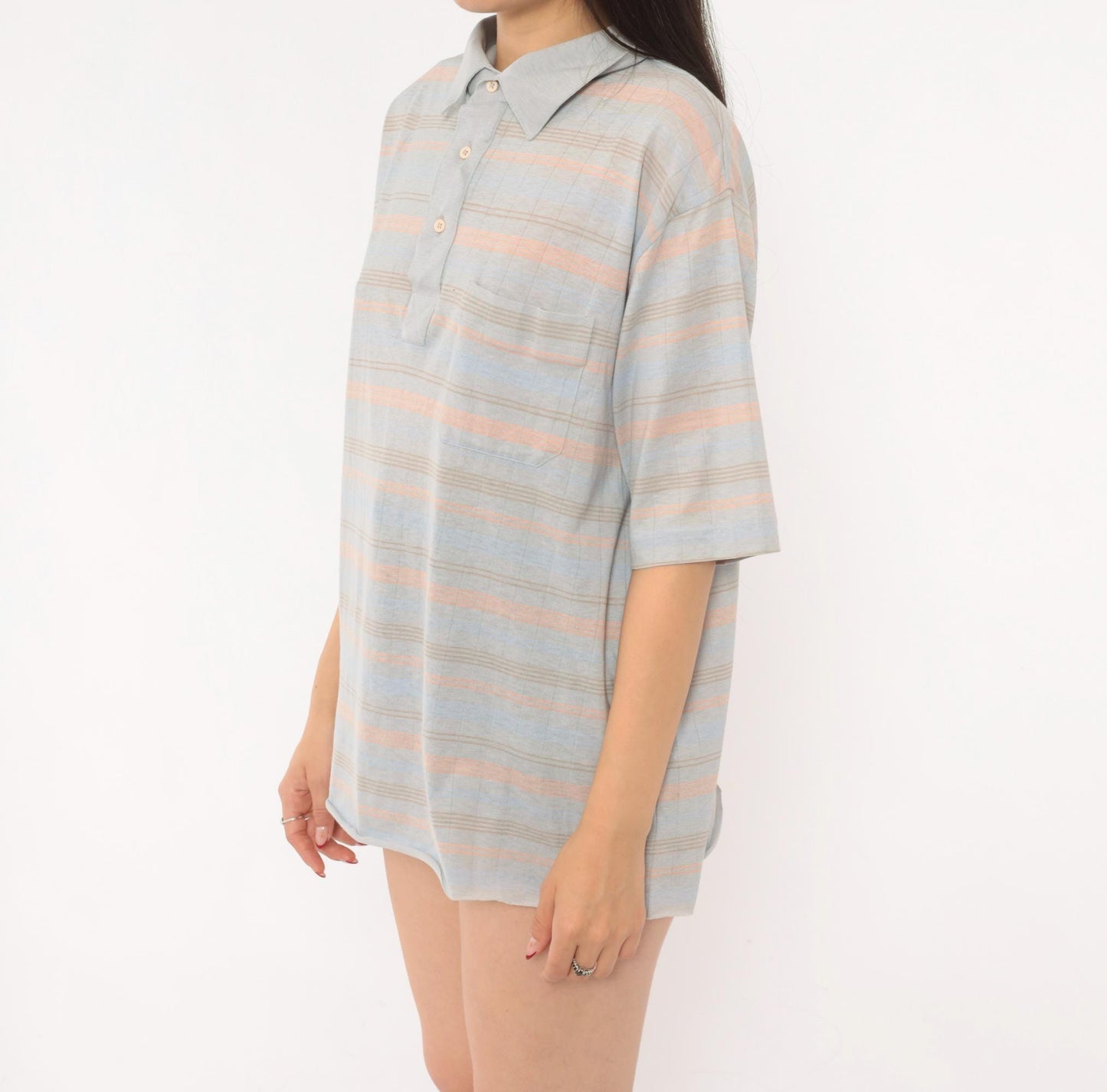 80s Knights Bridge Striped Polo Shirt Grey Peach Cotton Short Sleeve Extra Large XL
