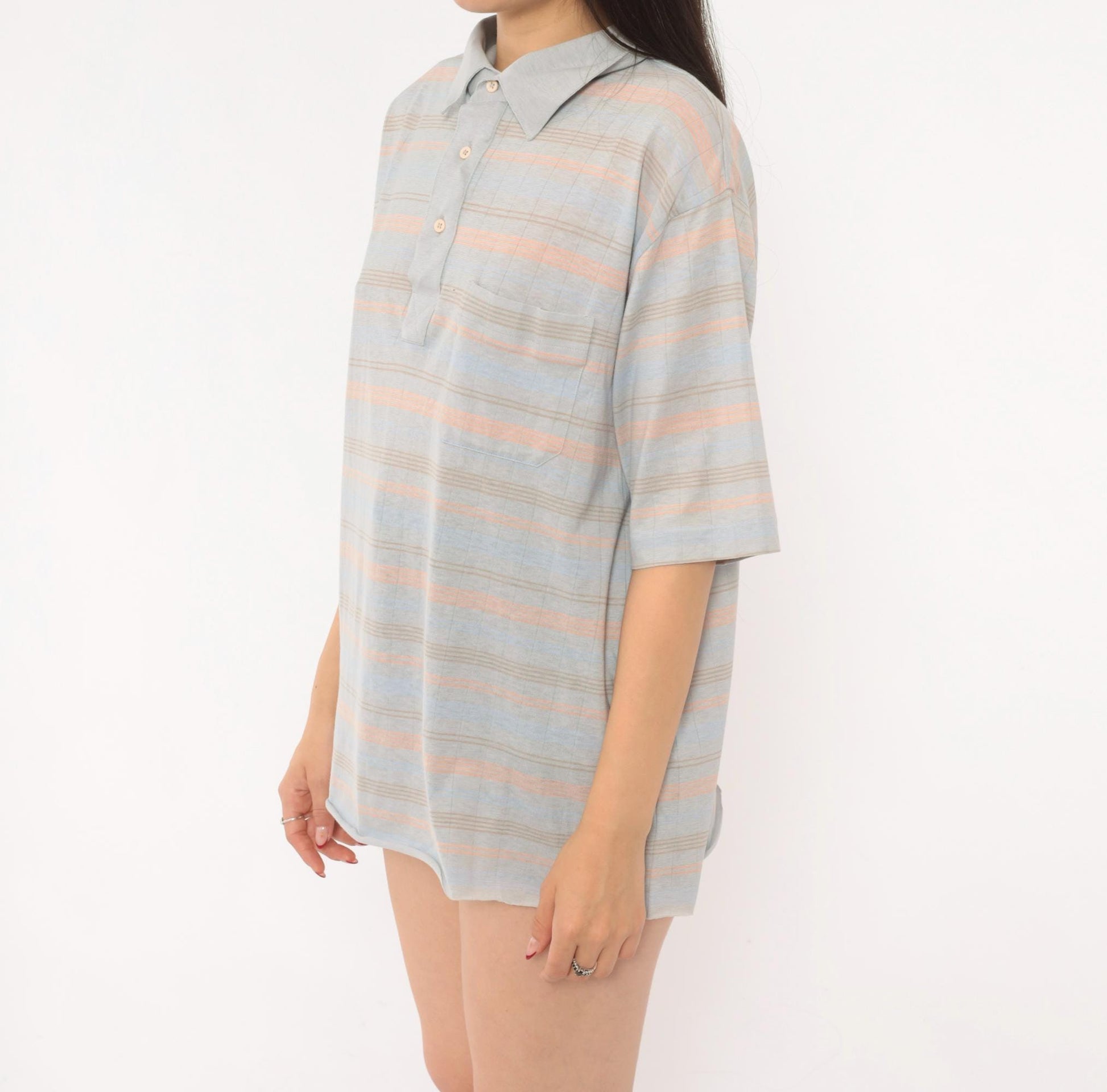 80s Knights Bridge Striped Polo Shirt Grey Peach Cotton Short Sleeve Extra Large XL