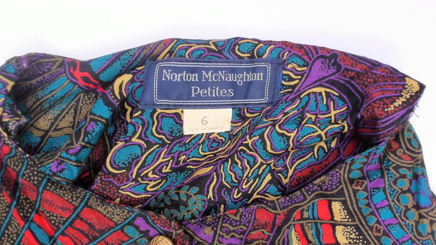 80s Norton Mcnaughton Paisley Button Blouse Teal Purple Gold Small S