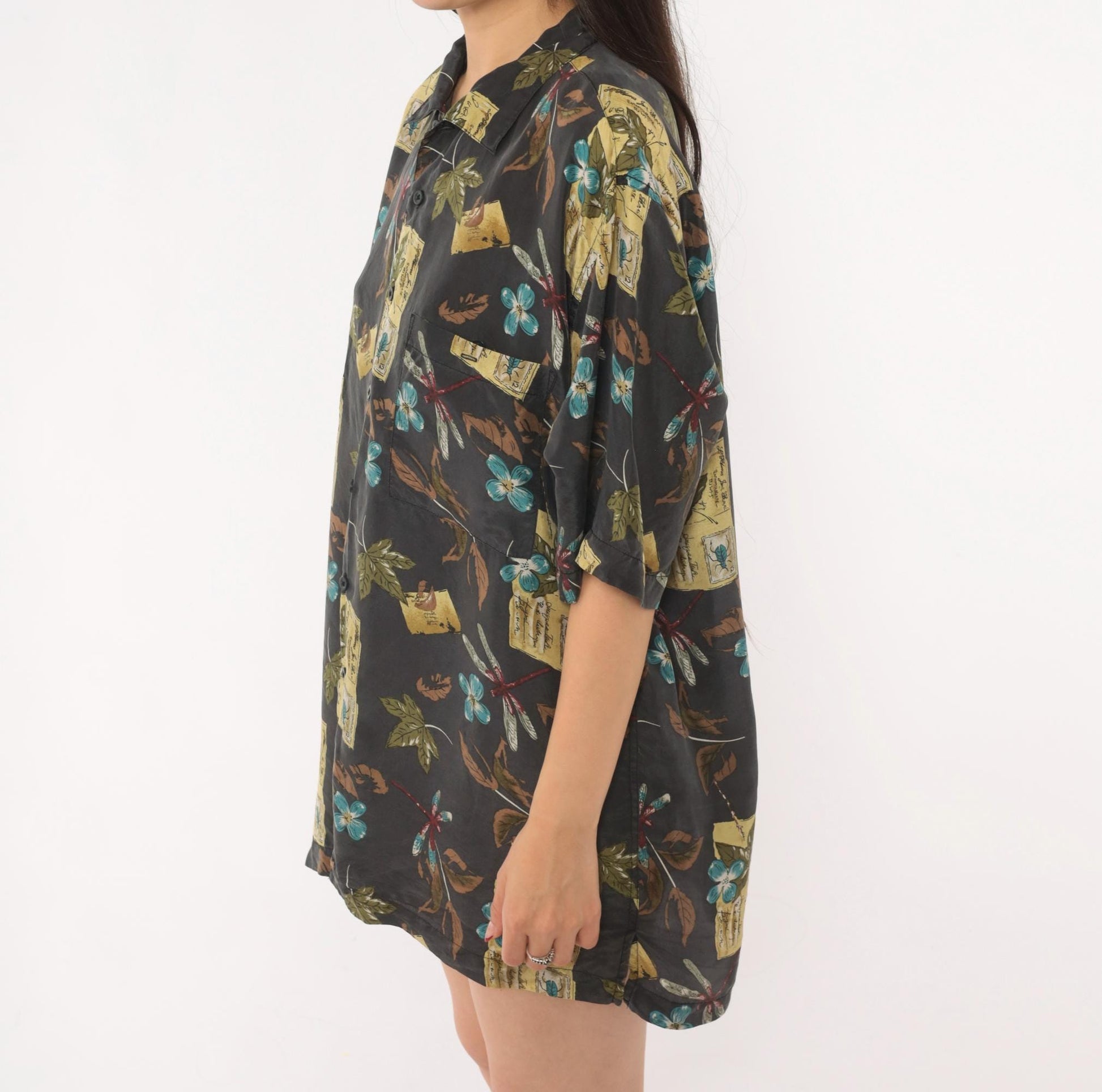 Y2K Firethorn Silk Camp Collar Shirt Dragonfly Botanical Print Teal Medium M