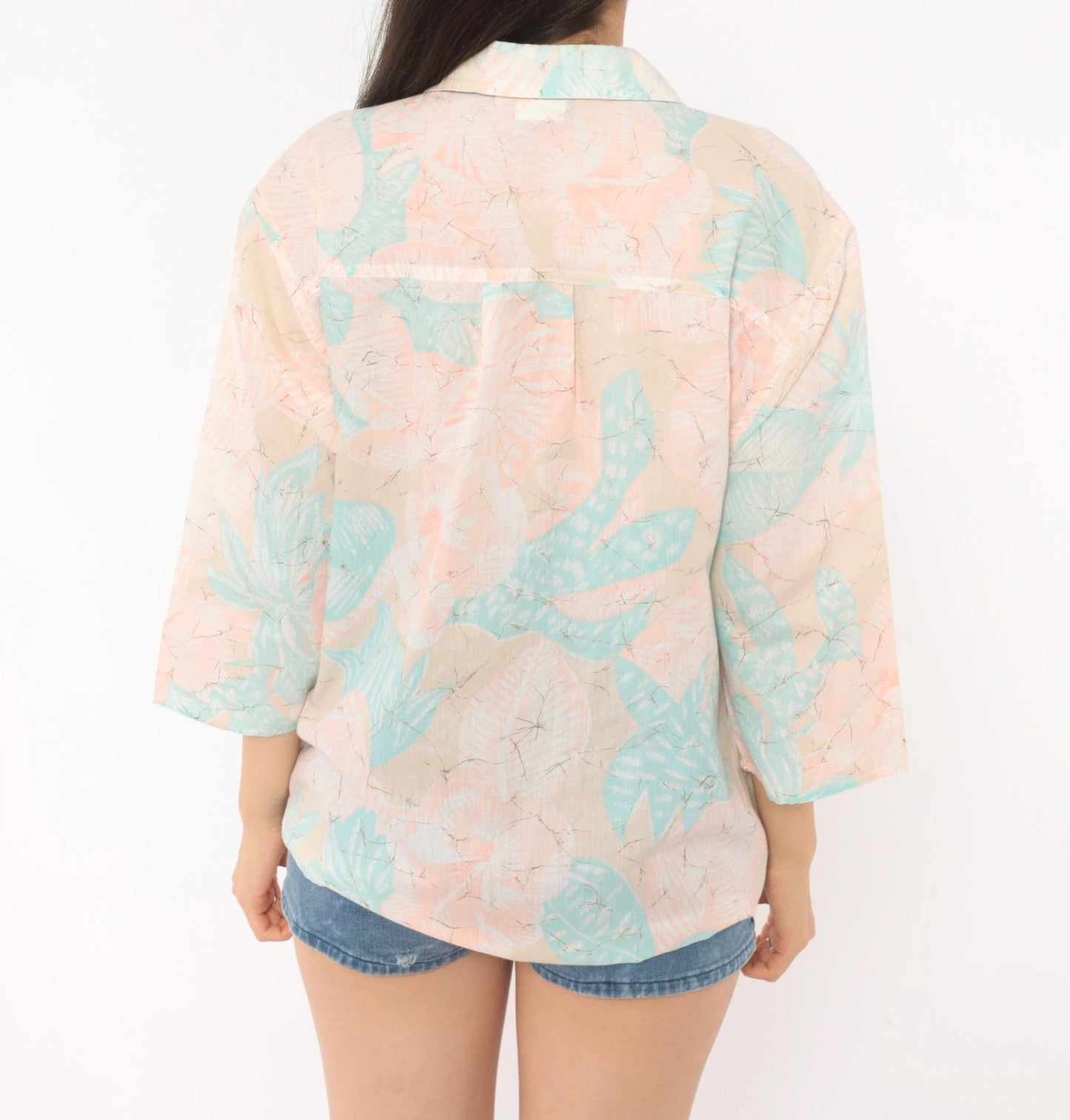 90s Alais Tropical Leaf Camp Collar Shirt Pastel Pink Mint Cotton Medium M