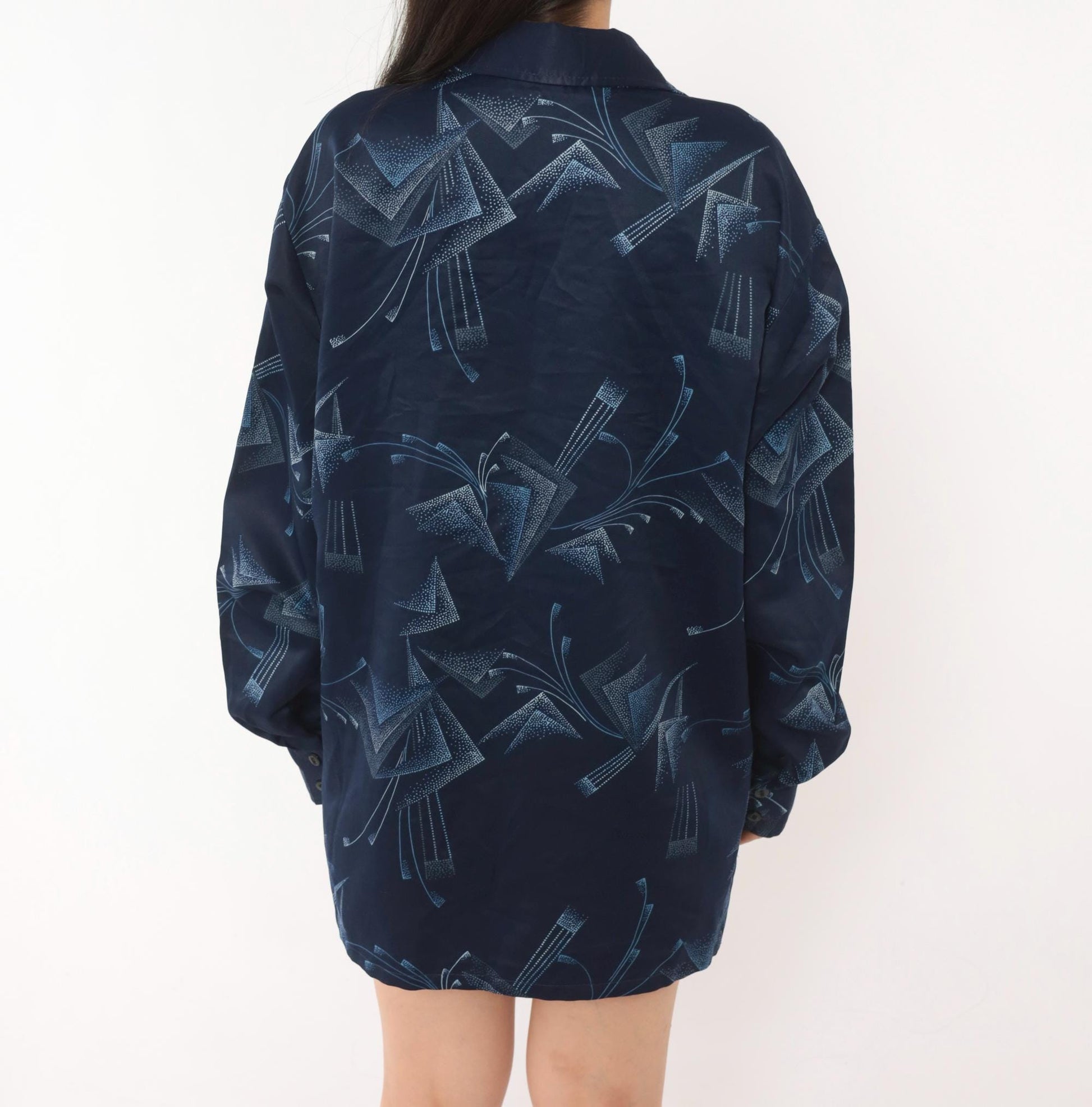 70s Paul Howard Navy Geometric Camp Collar Shirt Abstract Print Large L