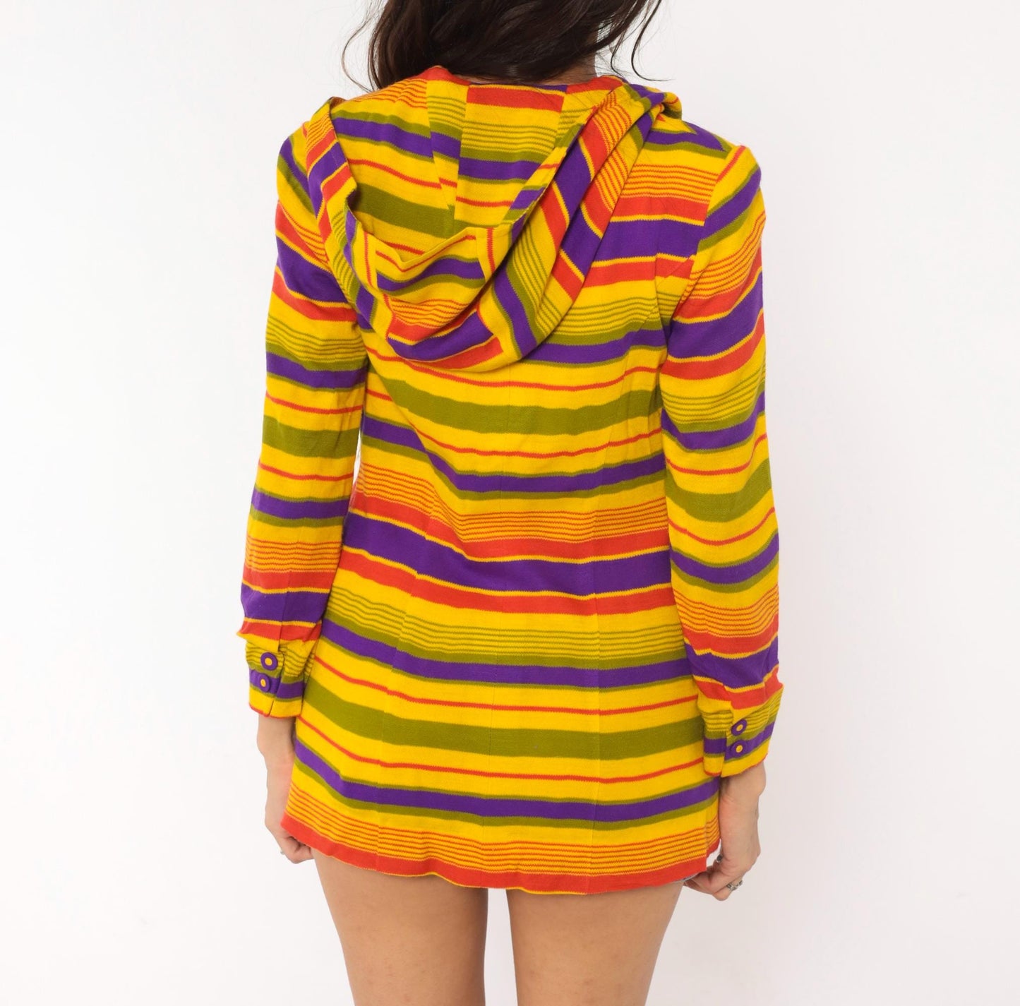 70s Striped Hooded Jacket Multicolor Rainbow Button Front Extra Small