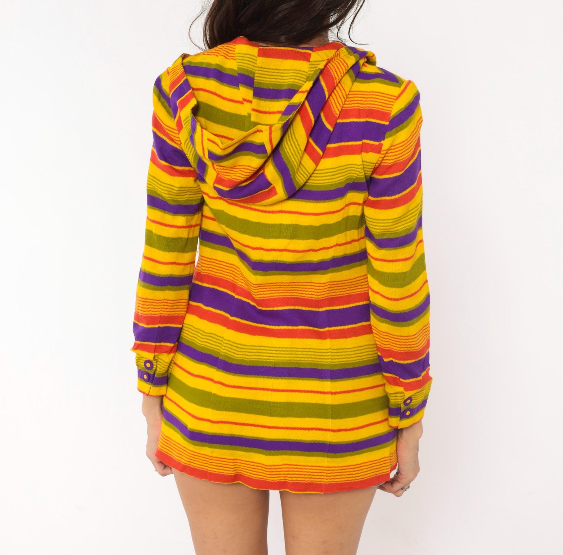 70s Striped Hooded Jacket Multicolor Rainbow Button Front Extra Small