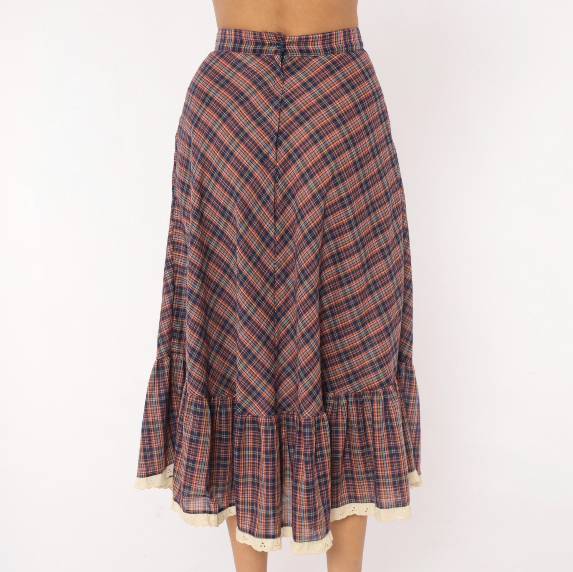 70s Judy Knapp Plaid A-Line Midi Skirt Red Navy Eyelet Lace Ruffle Small